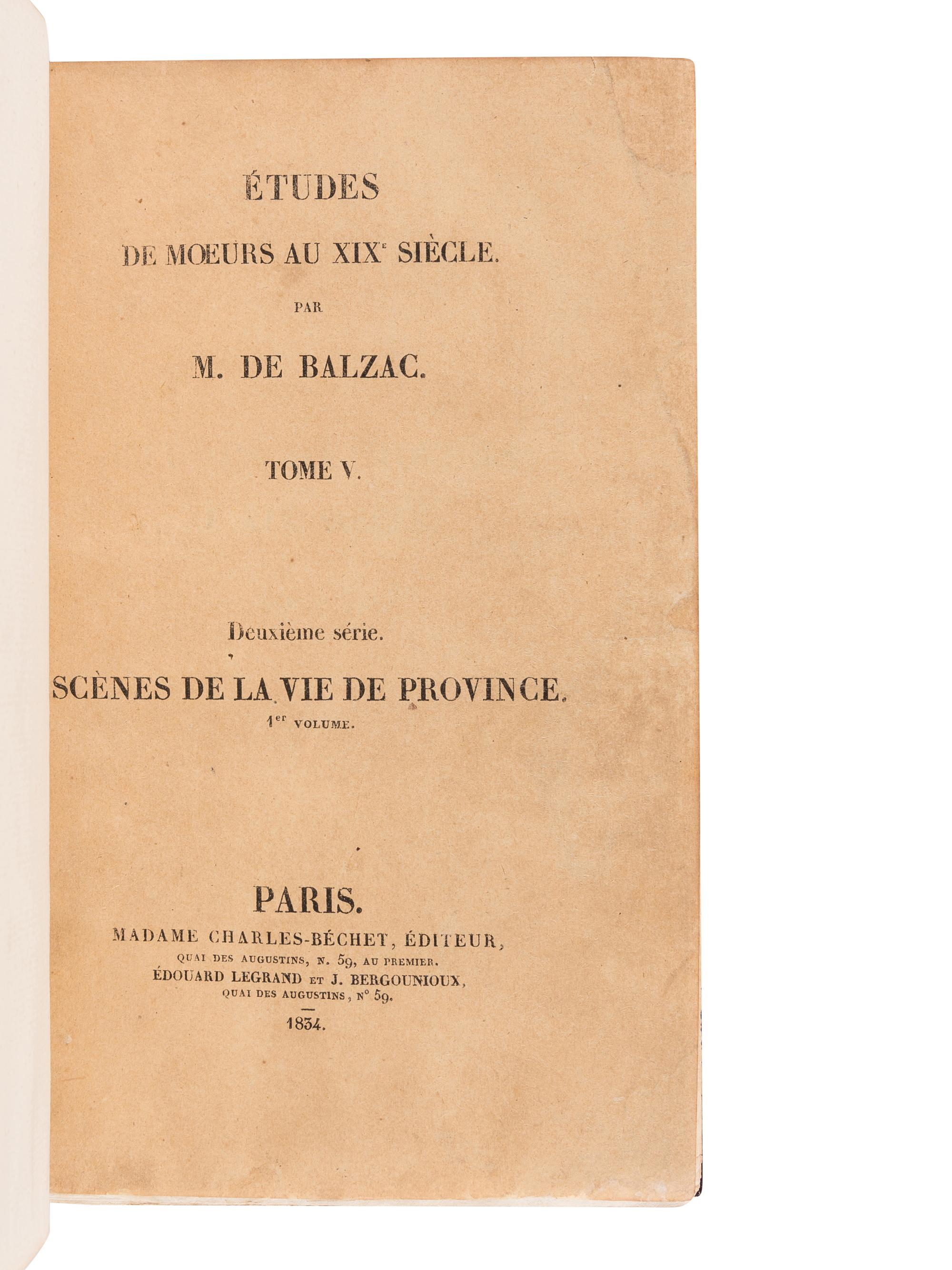 BALZAC, Honore de (1799-1850). Etudes de moeurs au XIXe siecle .... Paris: Madame Chales-Bechet, 1834.