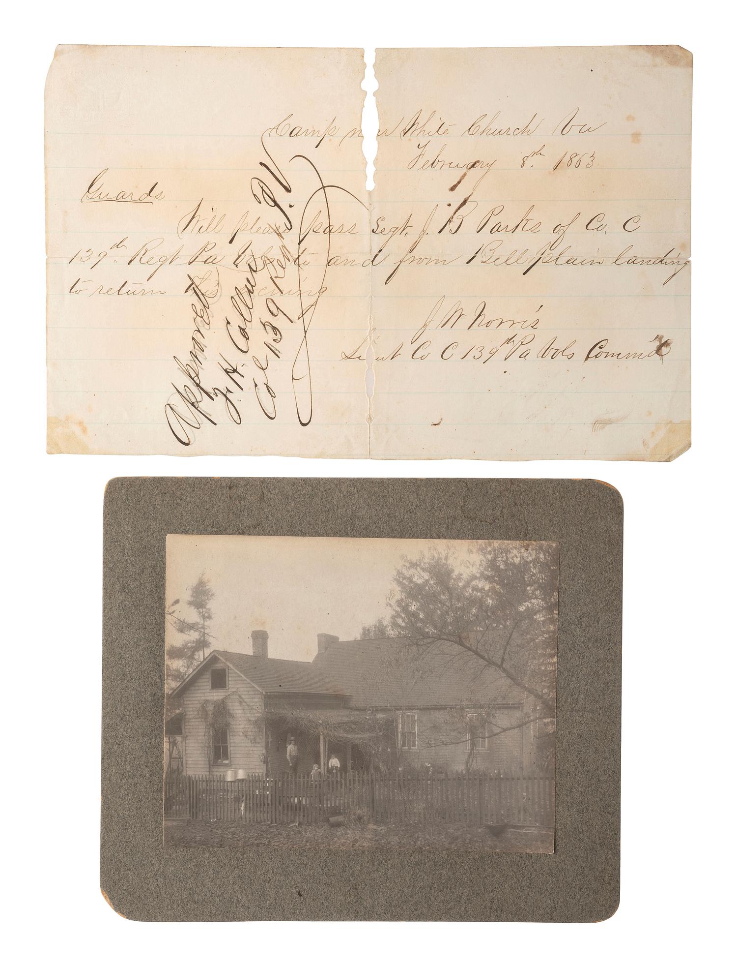 [CIVIL WAR]. Archive of items related to Sgt. James B. Parks, Co. C, 139th Pennsylvania Infantry, mortally wounded and buried at Gettysburg, highlighted by 2 diaries containing Antietam and Fredericksburg content.