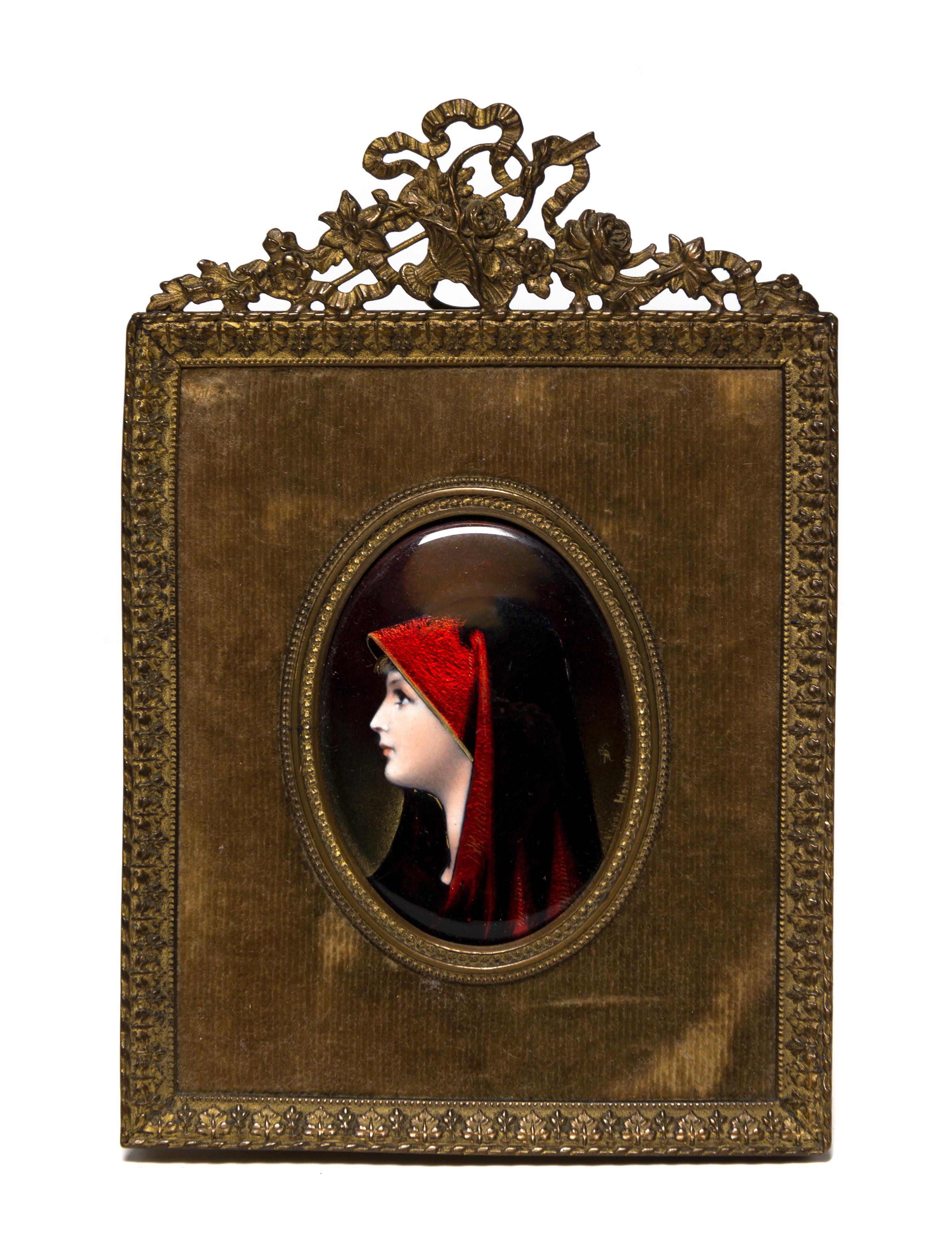 A French Enamel on Copper Portrait Plaque, Height of plaque 2 5/8 inches.