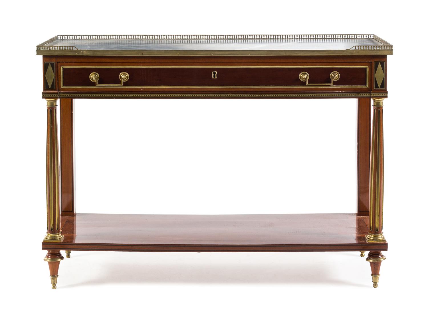 A Charles X Brass Mounted Mahogany Console Table Height 36 1/4 x width 51 1/2 x depth 17 1/4 inches. — 19TH CENTURY