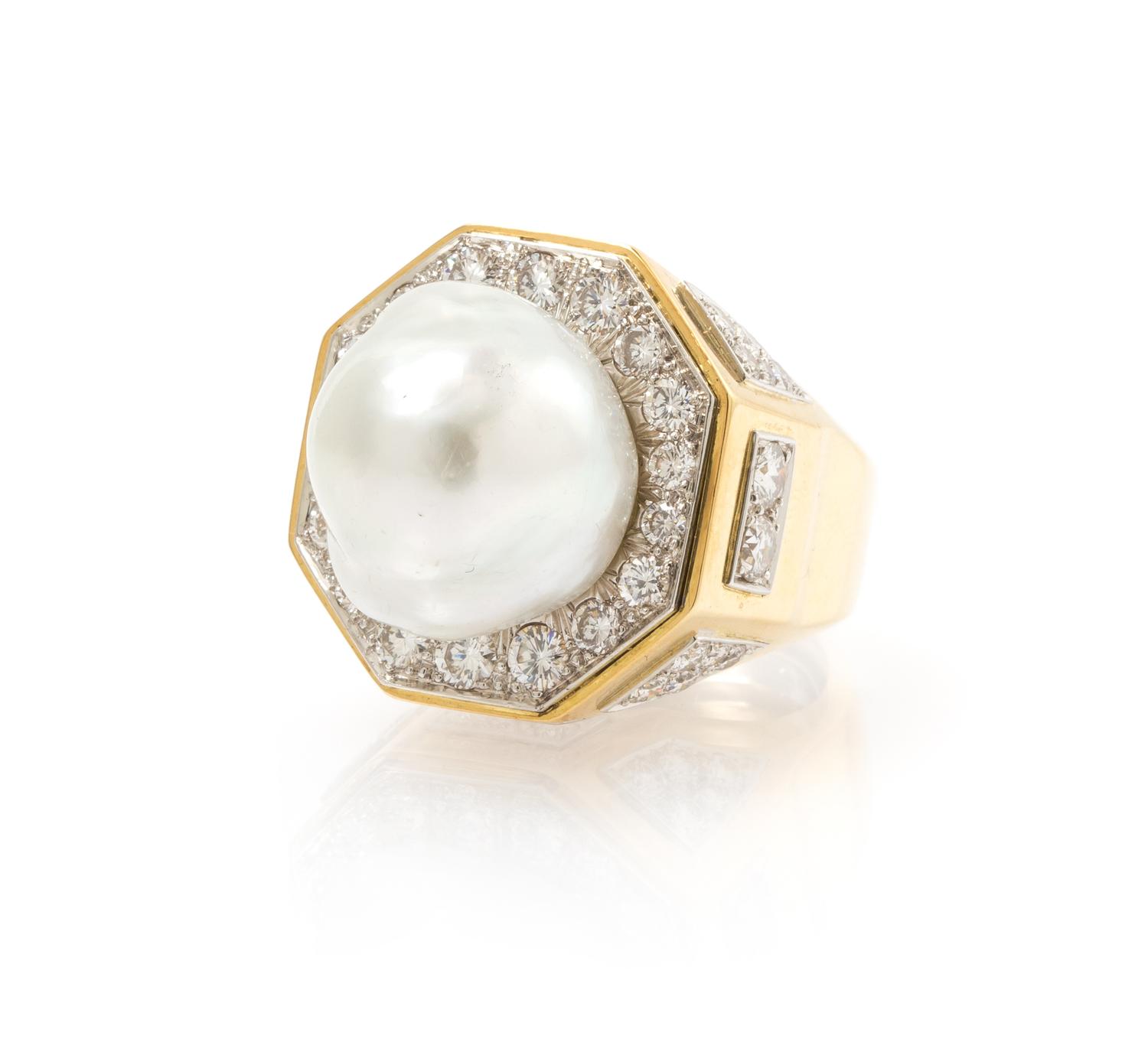 An 18 Karat Yellow Gold, Platinum, Cultured Pearl and Diamond Ring, David Webb, 24.60 dwts.