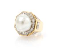 An 18 Karat Yellow Gold, Platinum, Cultured Pearl and Diamond Ring, David Webb, 24.60 dwts.