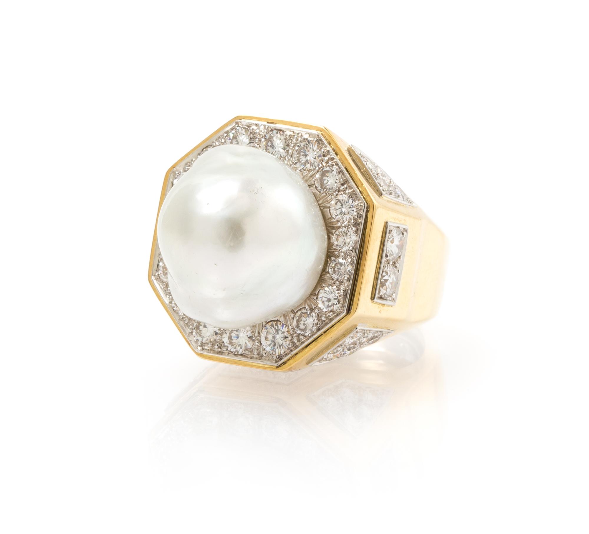 An 18 Karat Yellow Gold, Platinum, Cultured Pearl and Diamond Ring, David Webb, 24.60 dwts.