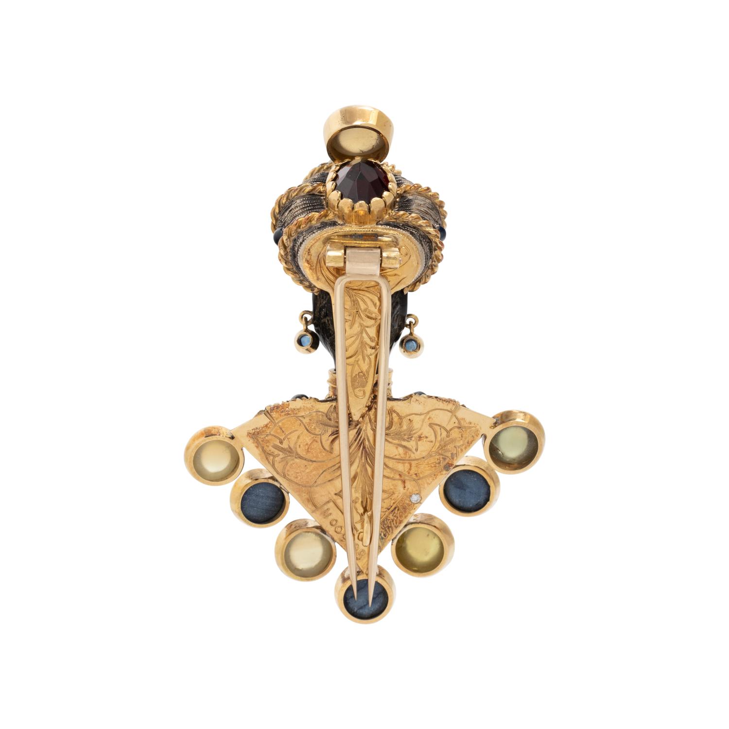 NARDI, SAPPHIRE, STAR SAPPHIRE AND CAT'S EYE CHRYSOBERYL BLACKAMOOR BROOCH