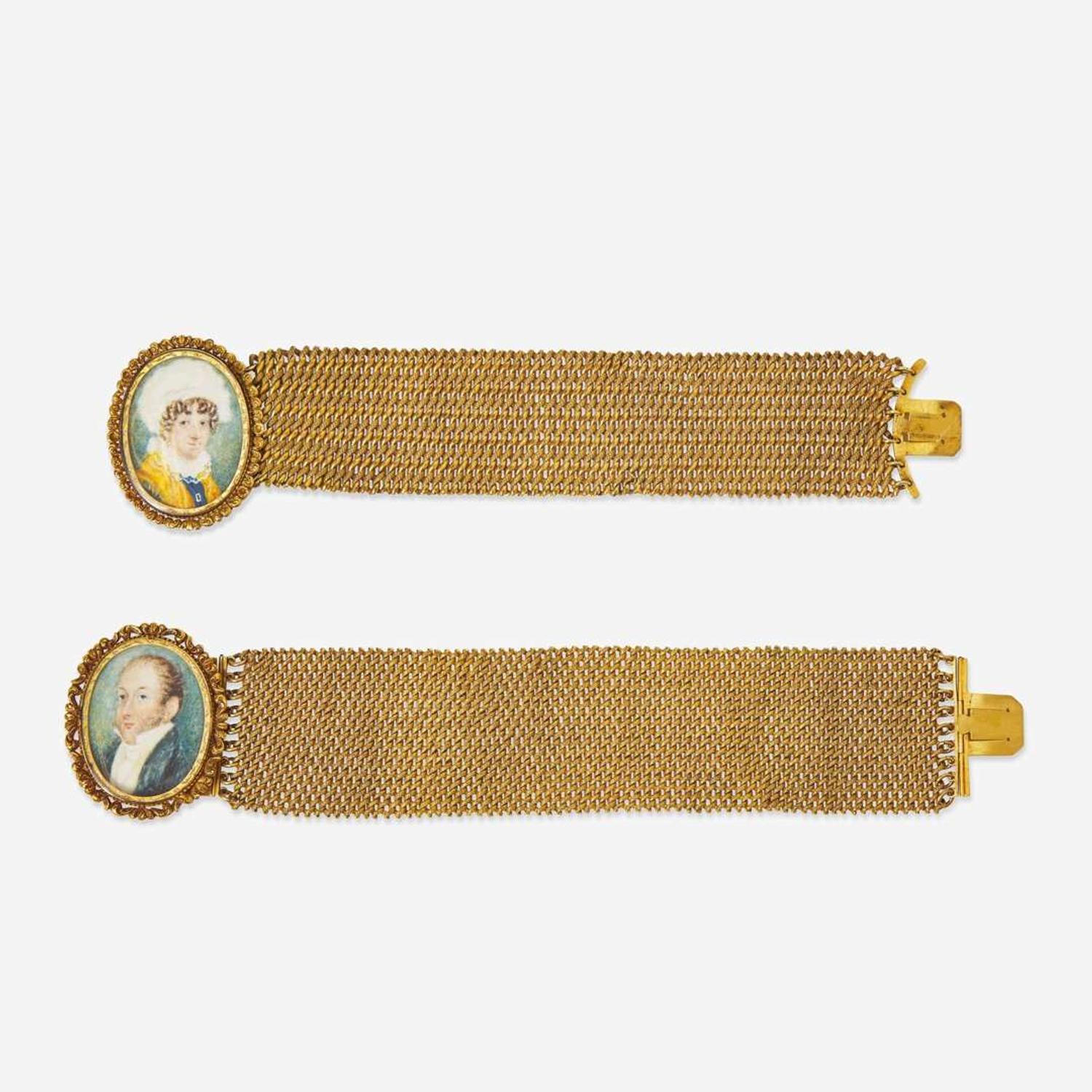 A pair of gilt bracelets fitted with portrait miniatures 19th century