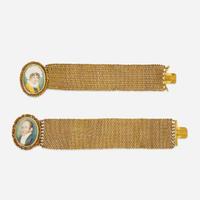 A pair of gilt bracelets fitted with portrait miniatures 19th century