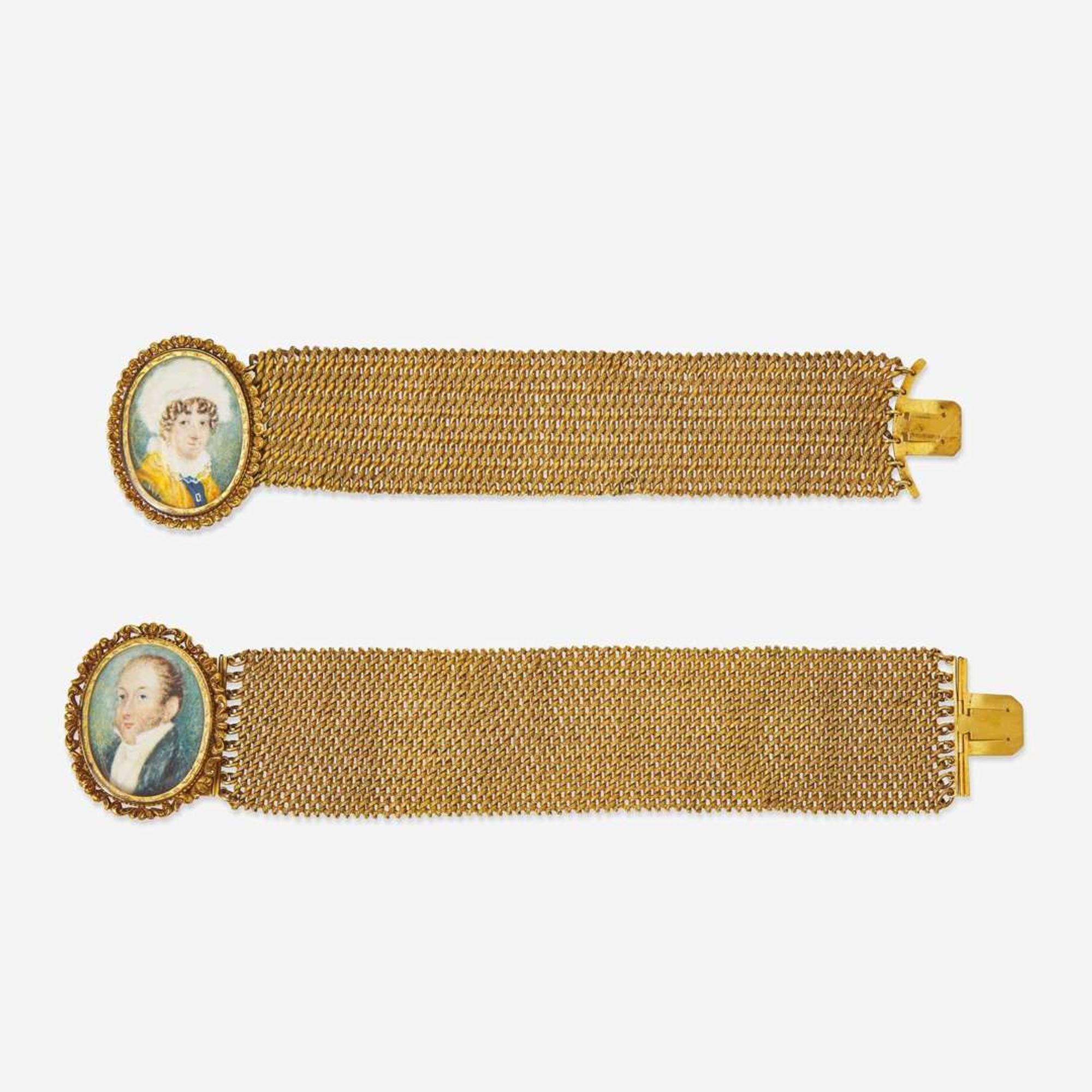 A pair of gilt bracelets fitted with portrait miniatures 19th century