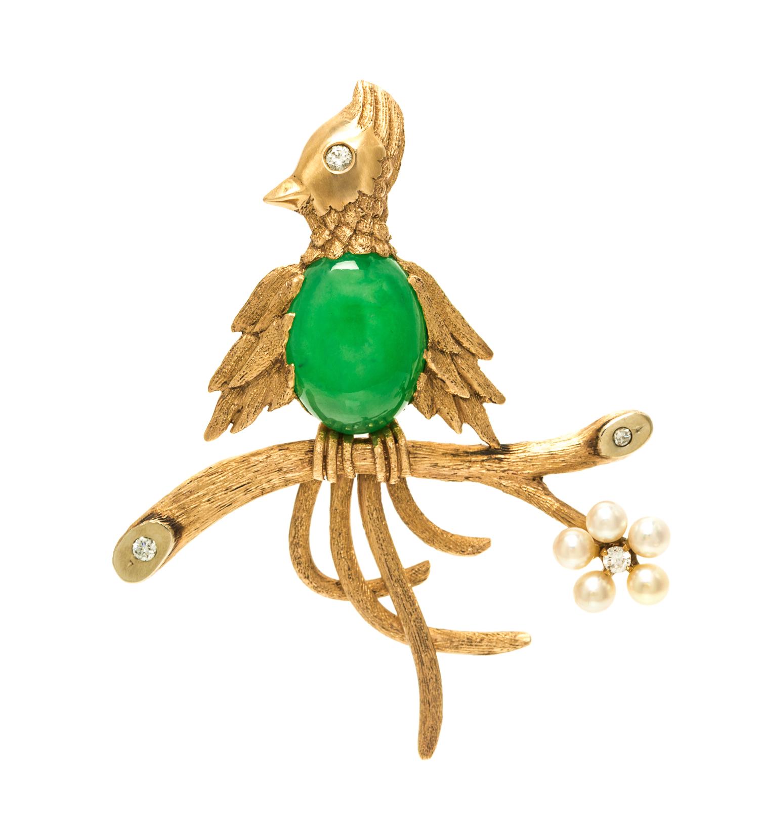 A Yellow Gold, Jadeite Jade, Cultured Pearl and Diamond Bird Brooch, 9.20 dwts.