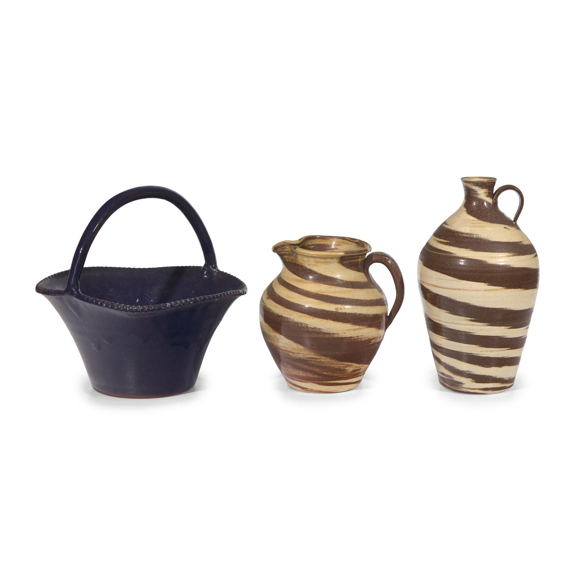 Wayne Hewell and Jeffrey McDowell, Three Glazed Stoneware Works: Two Swirl Jugs and a Basket