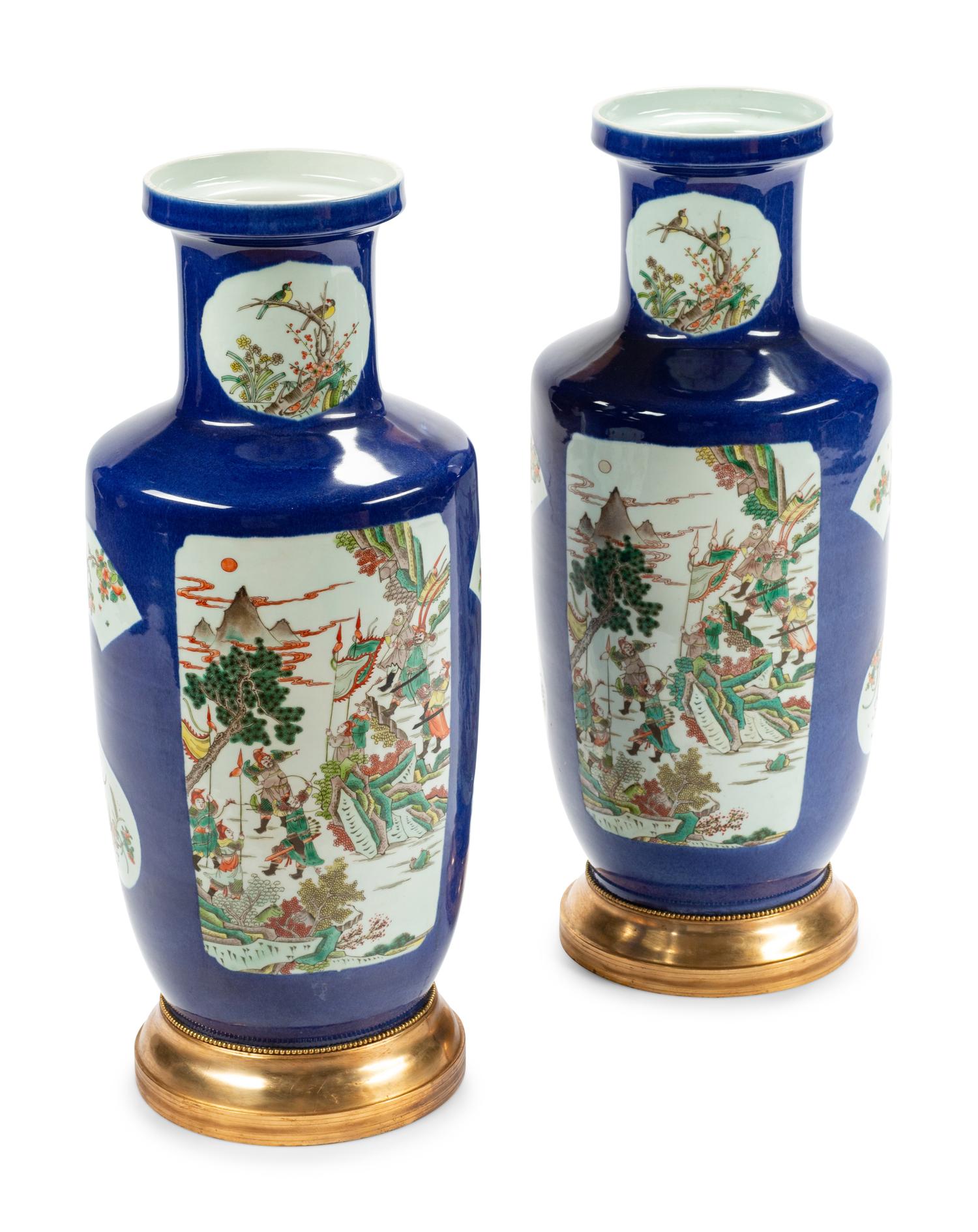 A Pair of Large Chinese Export Blue-Ground Porcelain Vases with Gilt Metal Bases