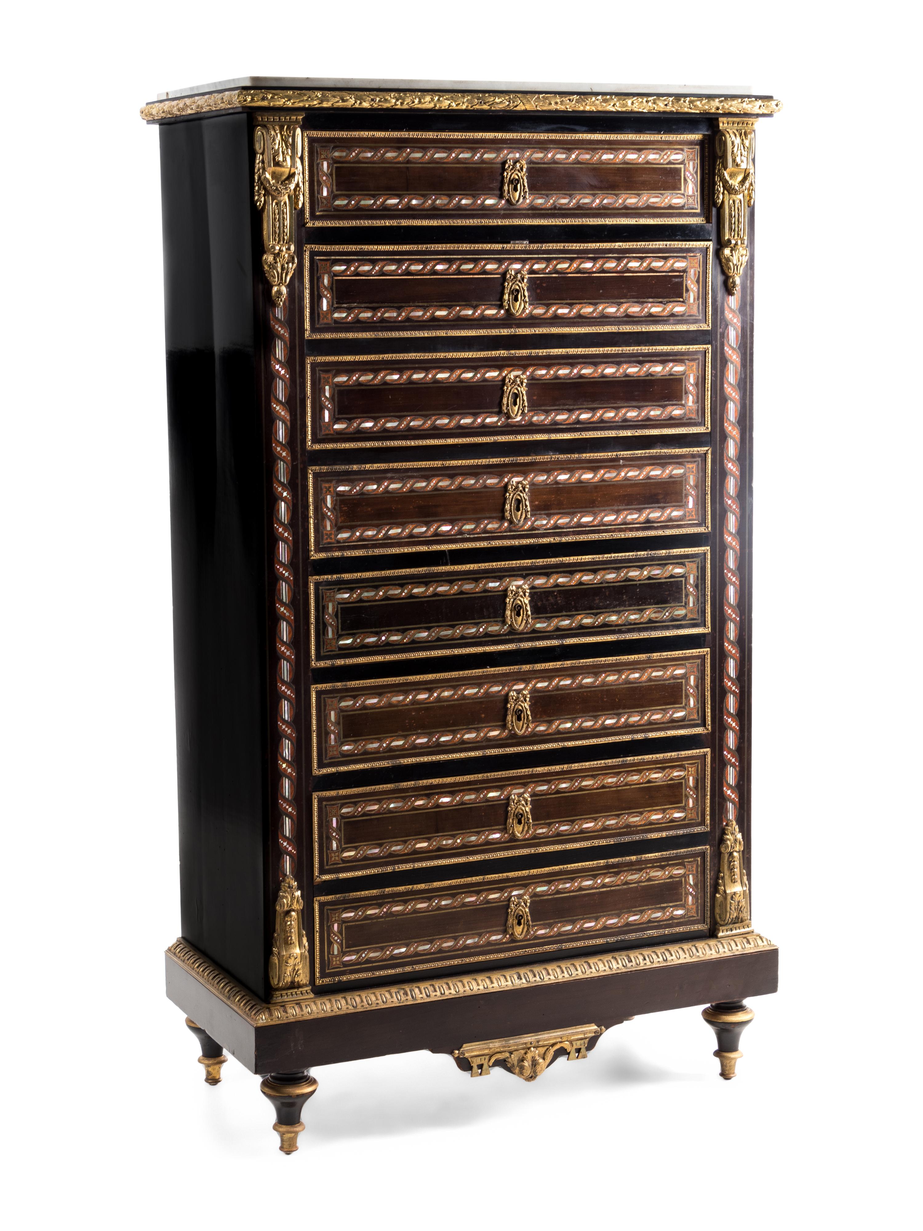 A Napoleon III Gilt Bronze Mounted Mother-of-Pearl Inlaid Secrétaire à Abbatant