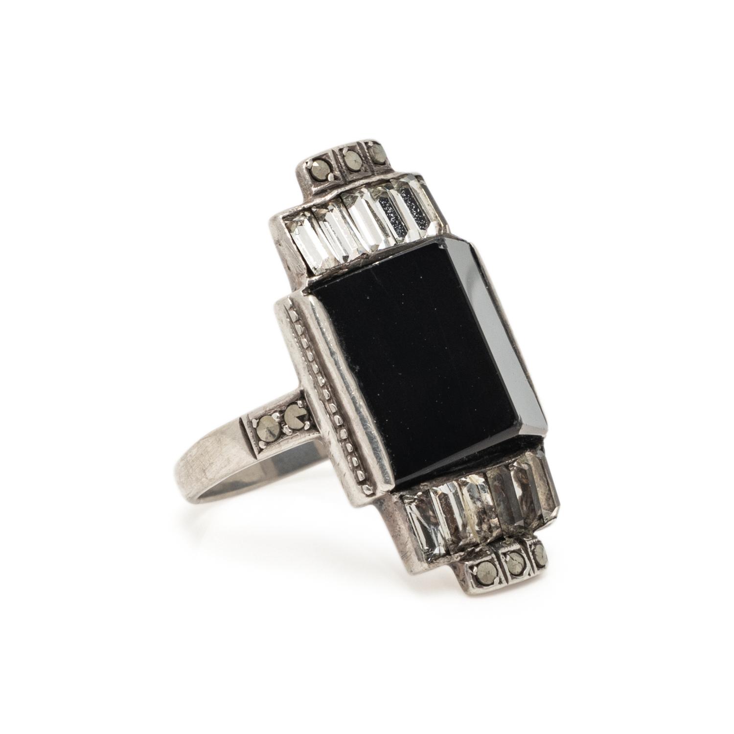 ART DECO, STERLING SILVER AND ONYX JEWELRY SET