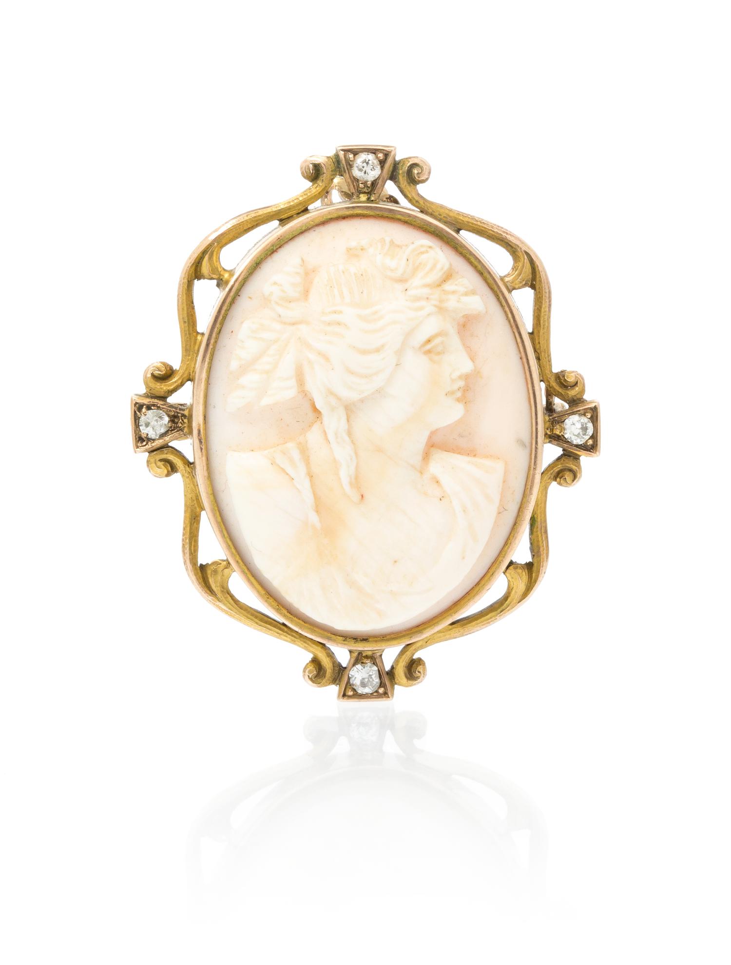 An Art Nouveau 10 Karat Yellow Gold, Shell Cameo and Diamond Pendant/Brooch, 11.20 dwts.