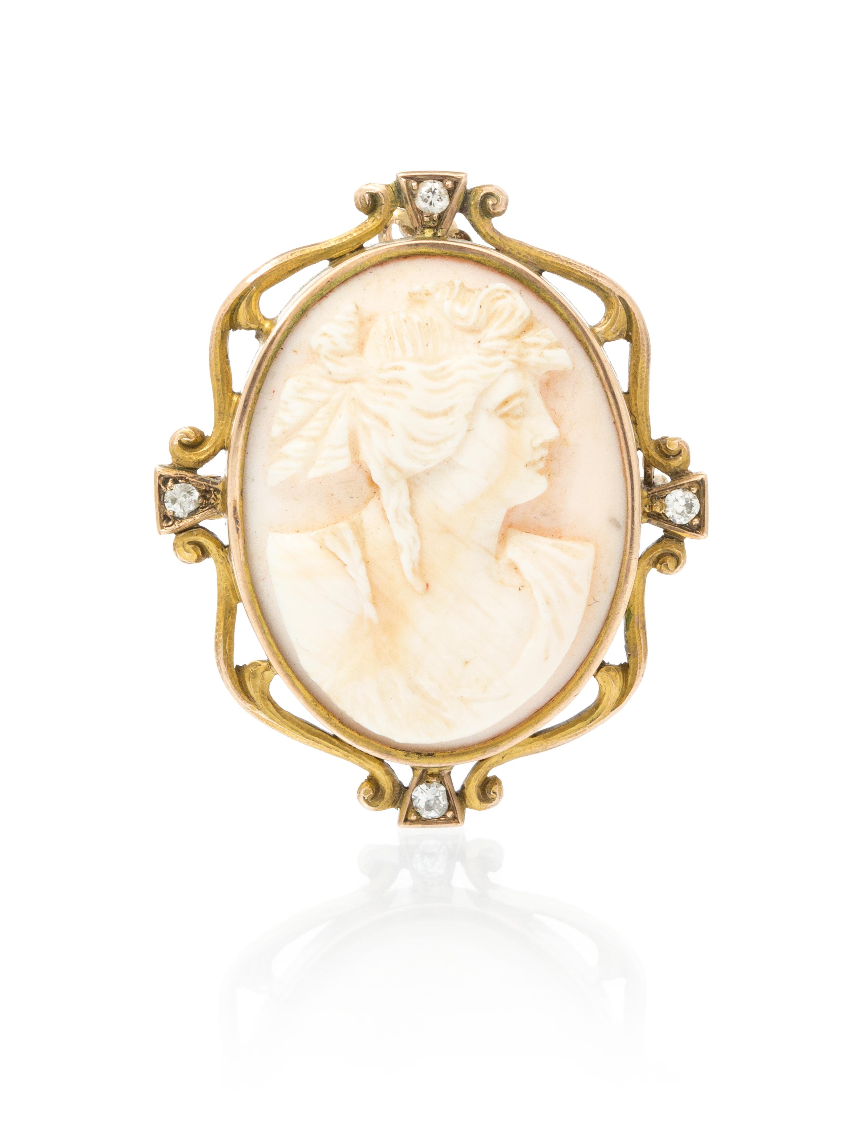 An Art Nouveau 10 Karat Yellow Gold, Shell Cameo and Diamond Pendant/Brooch, 11.20 dwts.