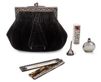 A Silver Handled Purse with Four Small Silver Objects, , the velvet clutch with silver clasp; together with a small silver funnel, rect