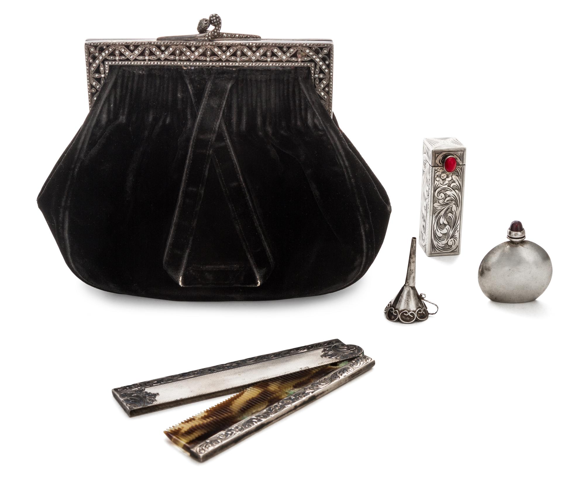 A Silver Handled Purse with Four Small Silver Objects, , the velvet clutch with silver clasp; together with a small silver funnel, rect