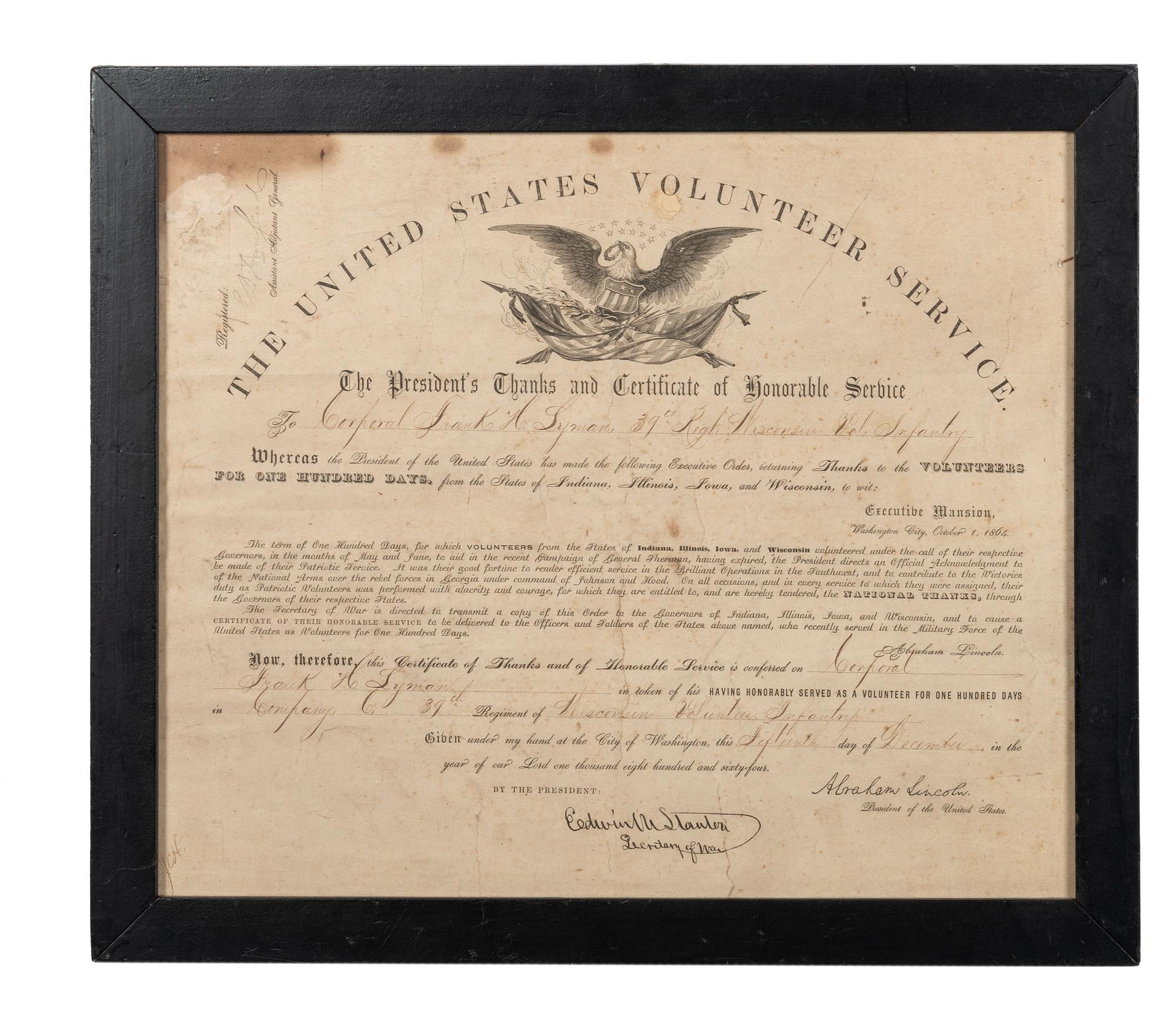 [CIVIL WAR]. A group of 6 Civil War discharge certificates for Wisconsin soldiers, comprising: