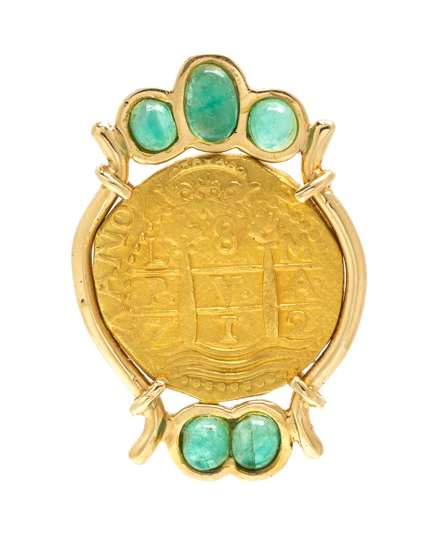 An 18 Karat Yellow Gold, Emerald and Coin Pendant, 25.20 dwts.