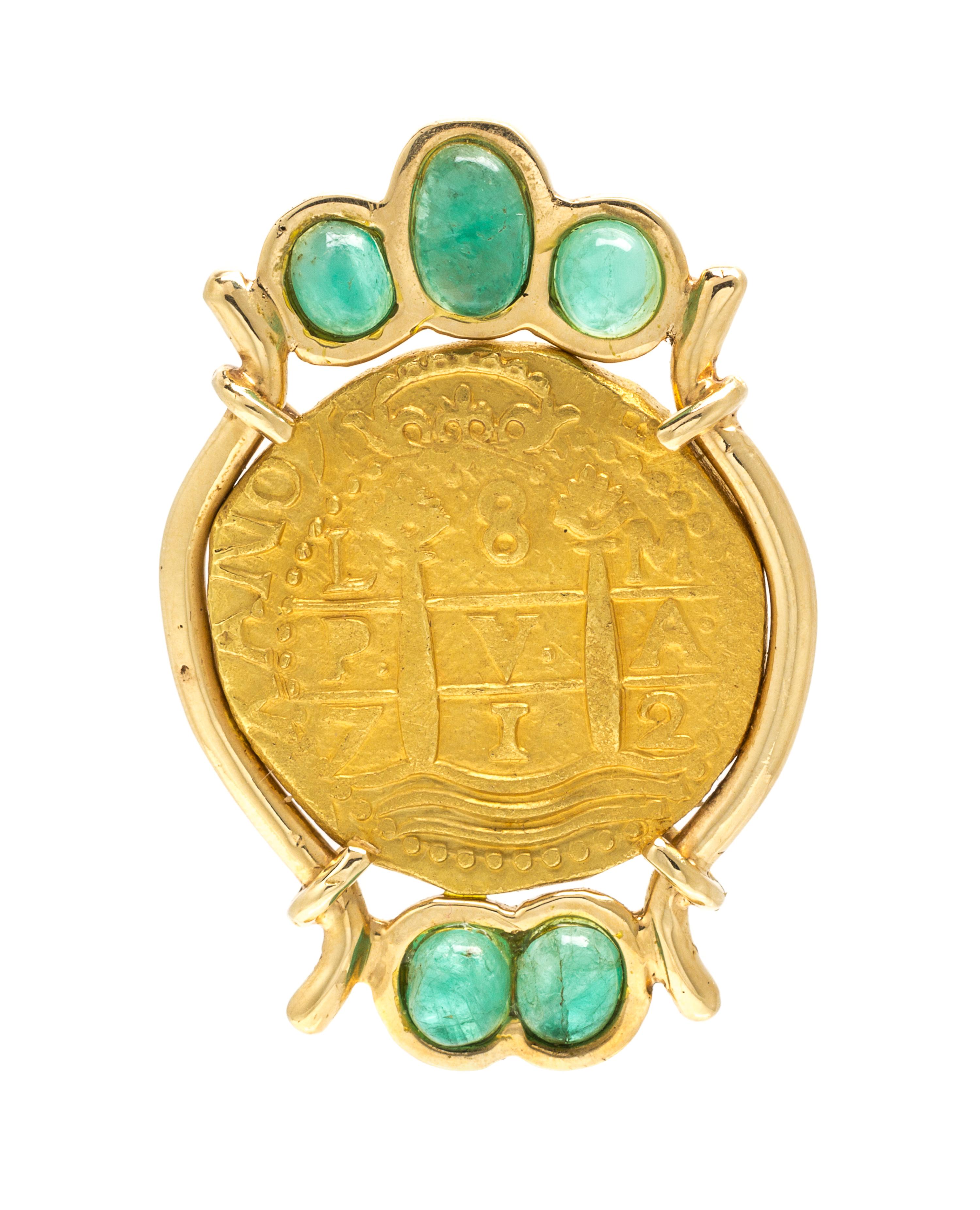 An 18 Karat Yellow Gold, Emerald and Coin Pendant, 25.20 dwts.
