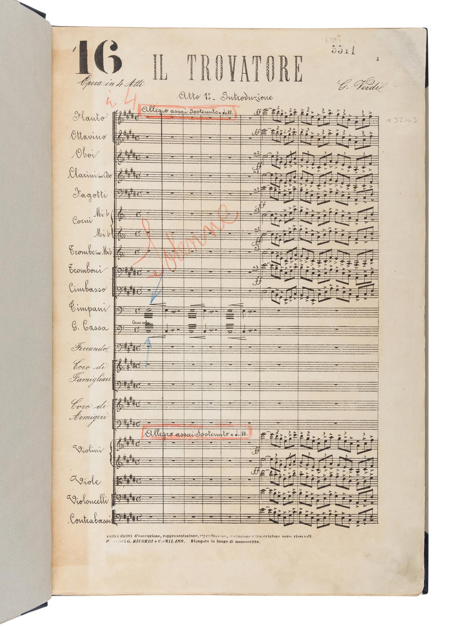 [MUSIC]. VERDI, Giuseppe (1813-1901). Il Trovatore. Partitura . Milan: G. Ricordi & C., [ca 1888].