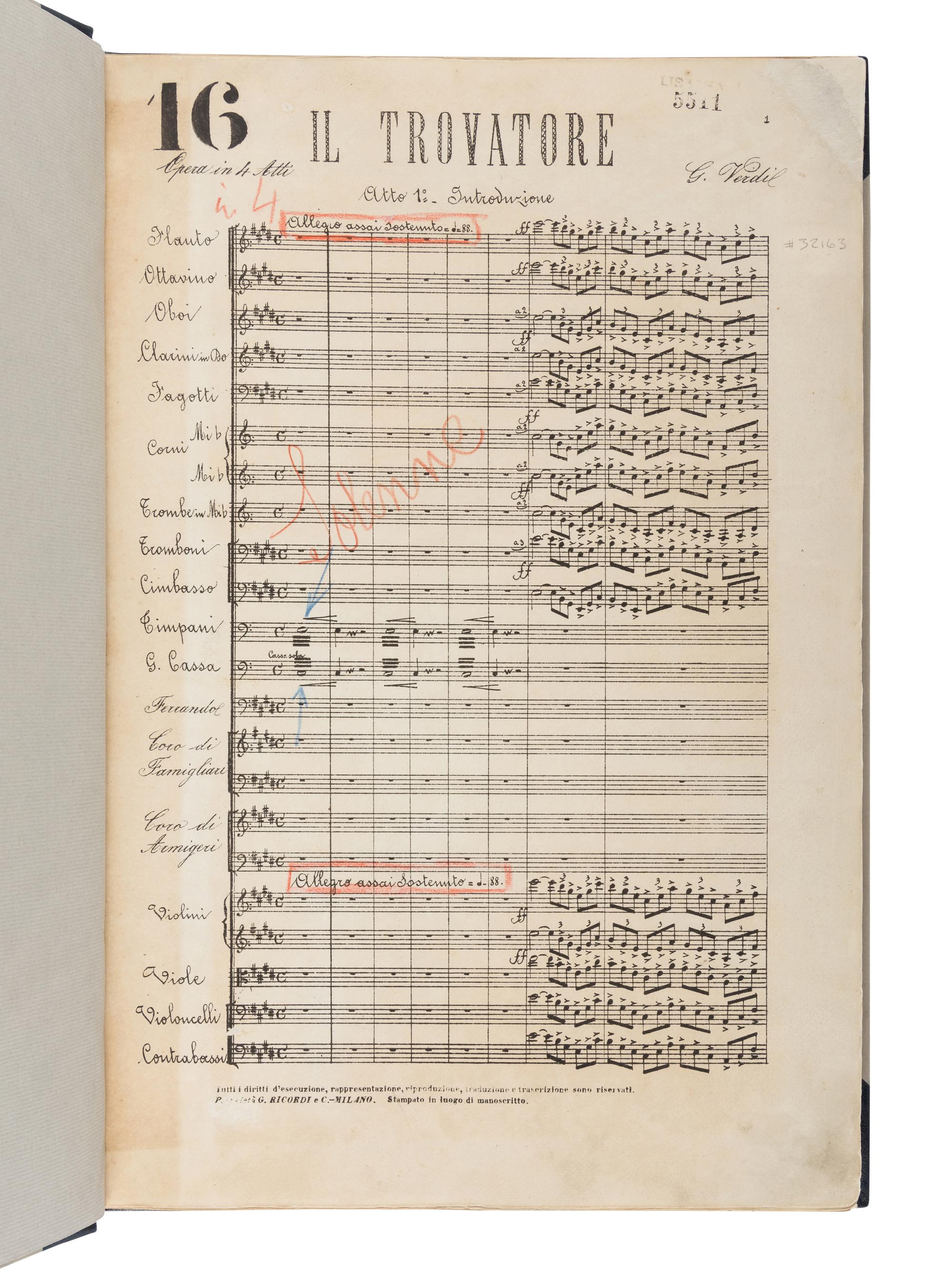 [MUSIC]. VERDI, Giuseppe (1813-1901). Il Trovatore. Partitura . Milan: G. Ricordi & C., [ca 1888].