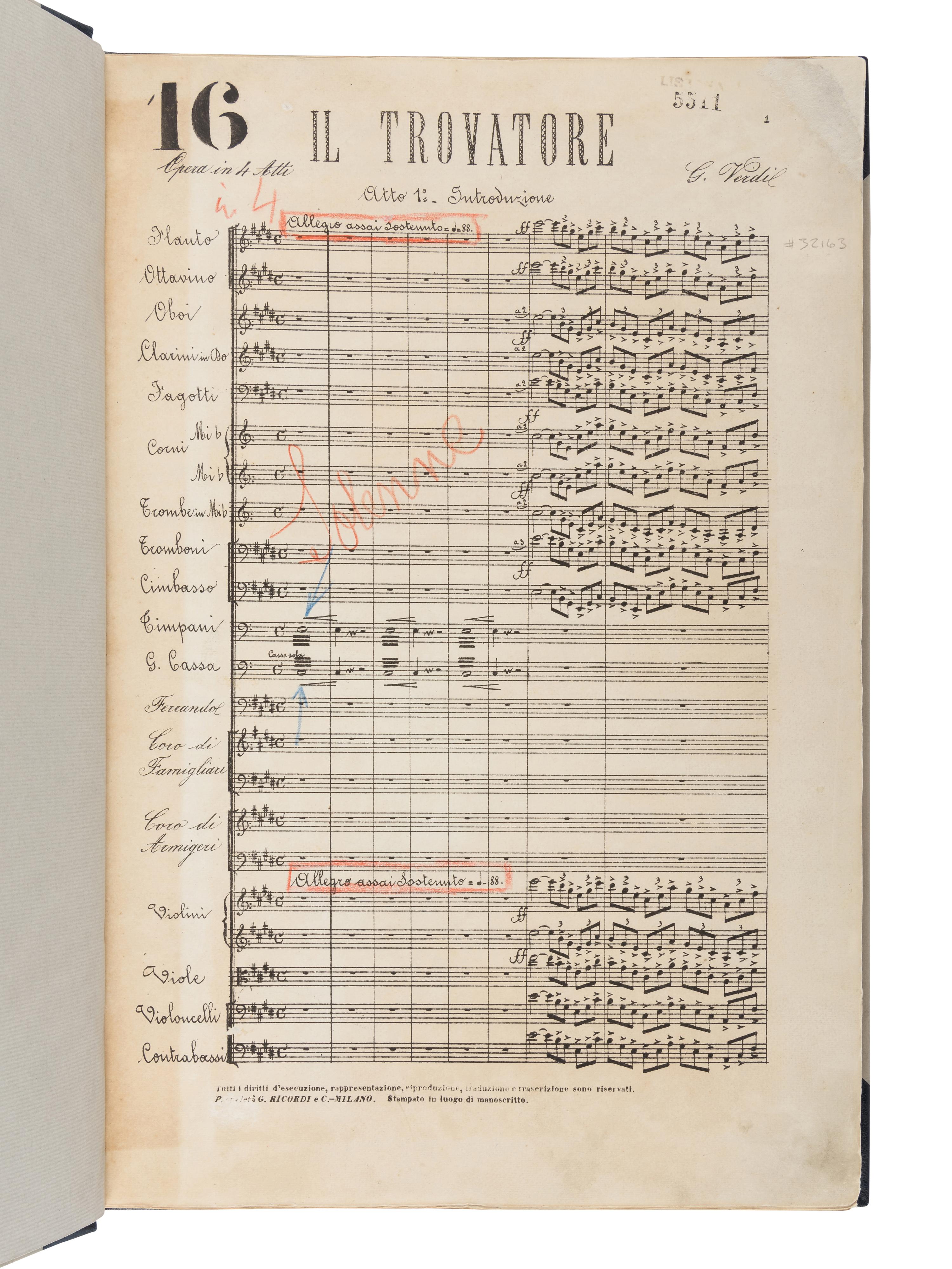 [MUSIC]. VERDI, Giuseppe (1813-1901). Il Trovatore. Partitura . Milan: G. Ricordi & C., [ca 1888].