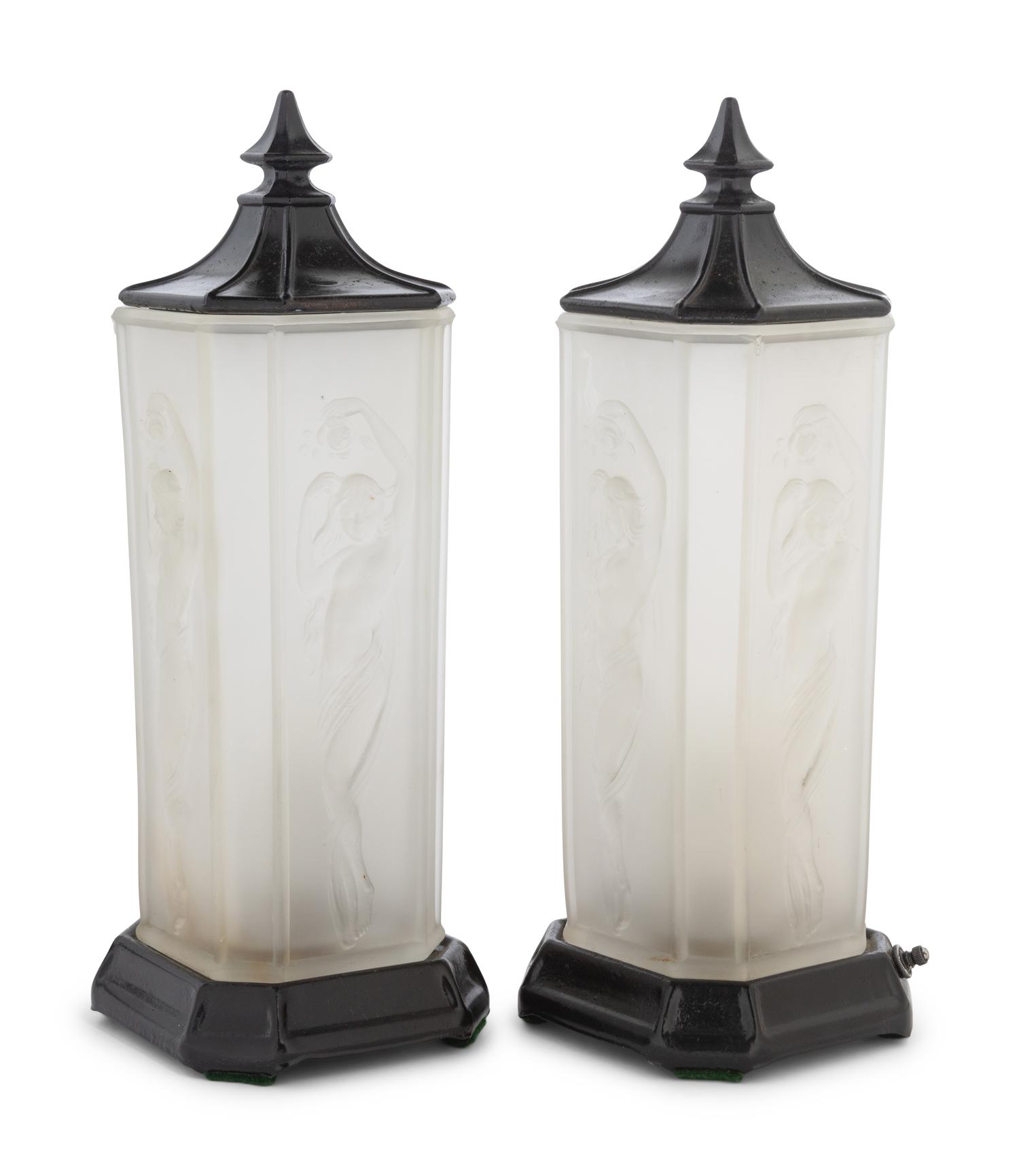 A Pair of Frosted Glass and Painted Metal Lamps