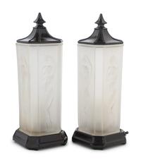 A Pair of Frosted Glass and Painted Metal Lamps