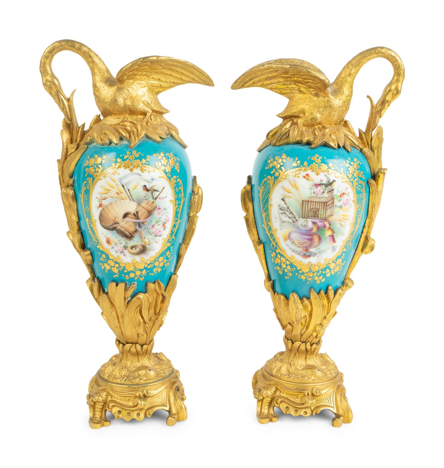 A Pair of Gilt Bronze Mounted Sevres Style Porcelain Ewers — 19TH CENTURY
