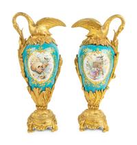 A Pair of Gilt Bronze Mounted Sevres Style Porcelain Ewers — 19TH CENTURY