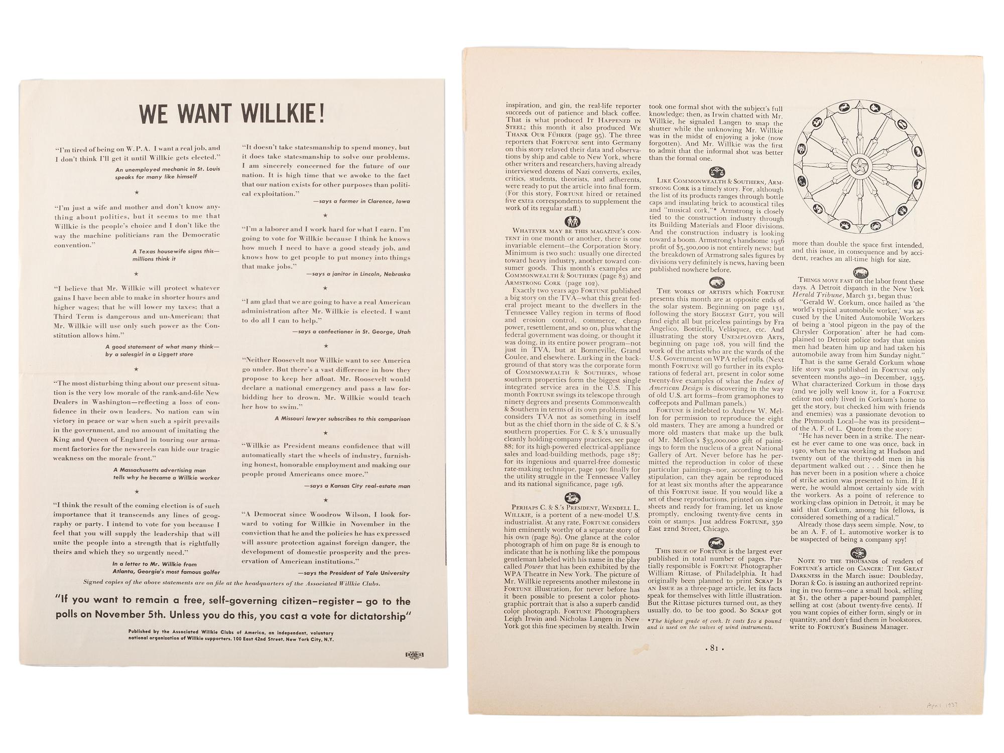 [WILLKIE, Wendell (1892-1944)]. A group of broadsides, sheet music, and campaign ephemera, comprising: