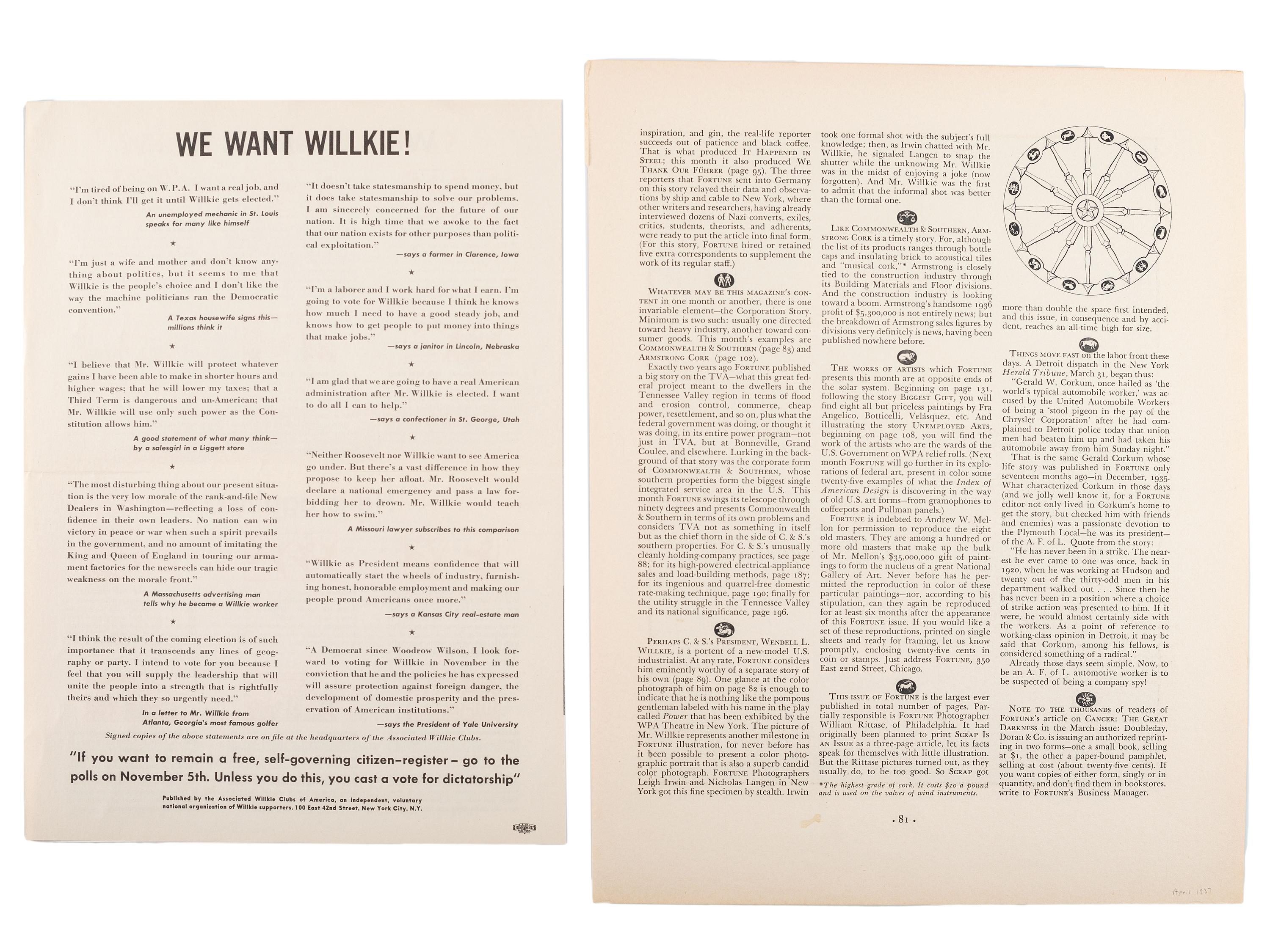 [WILLKIE, Wendell (1892-1944)]. A group of broadsides, sheet music, and campaign ephemera, comprising: