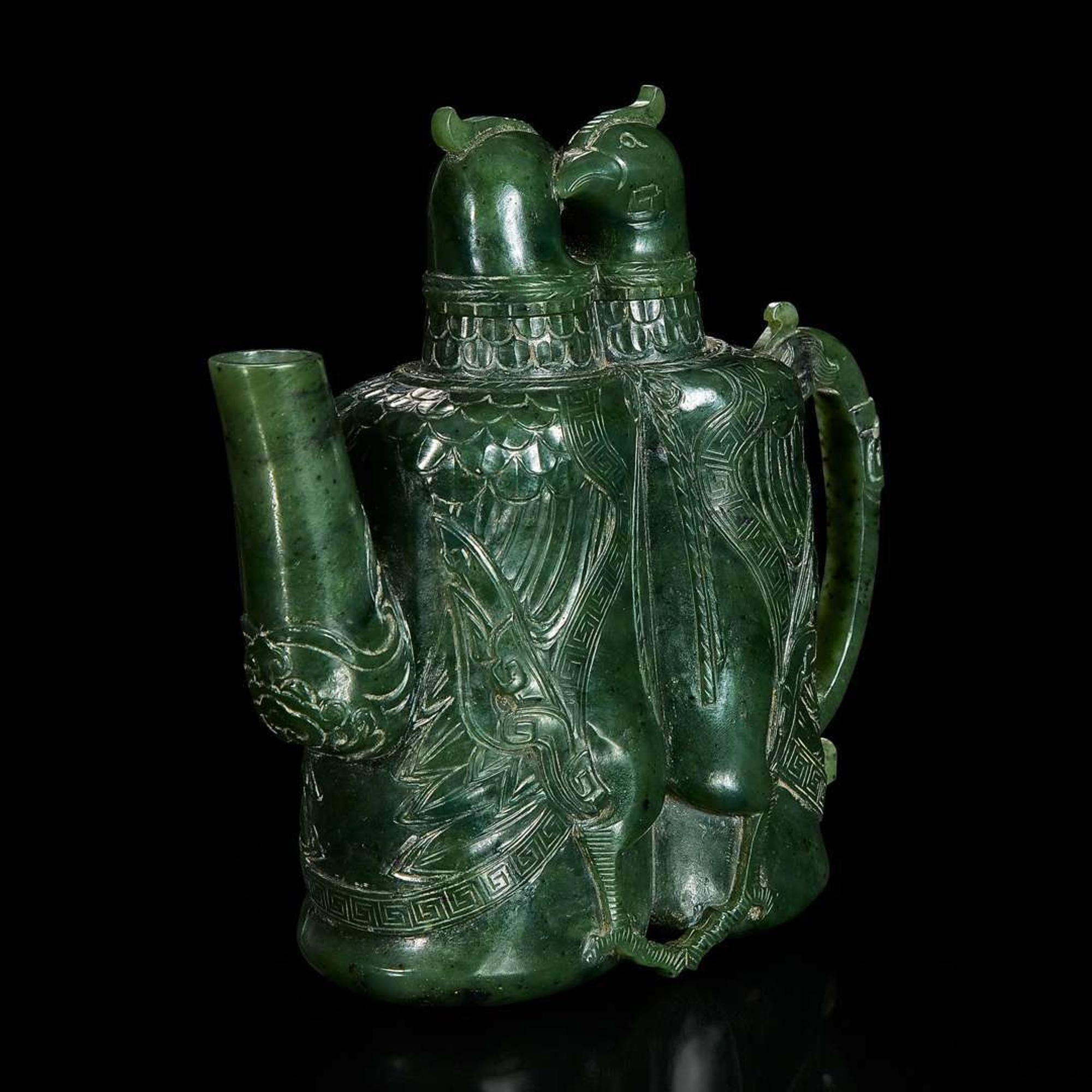 An unusual Chinese spinach jade archaistic "Double-bird" ewer 双天鸡碧玉壶