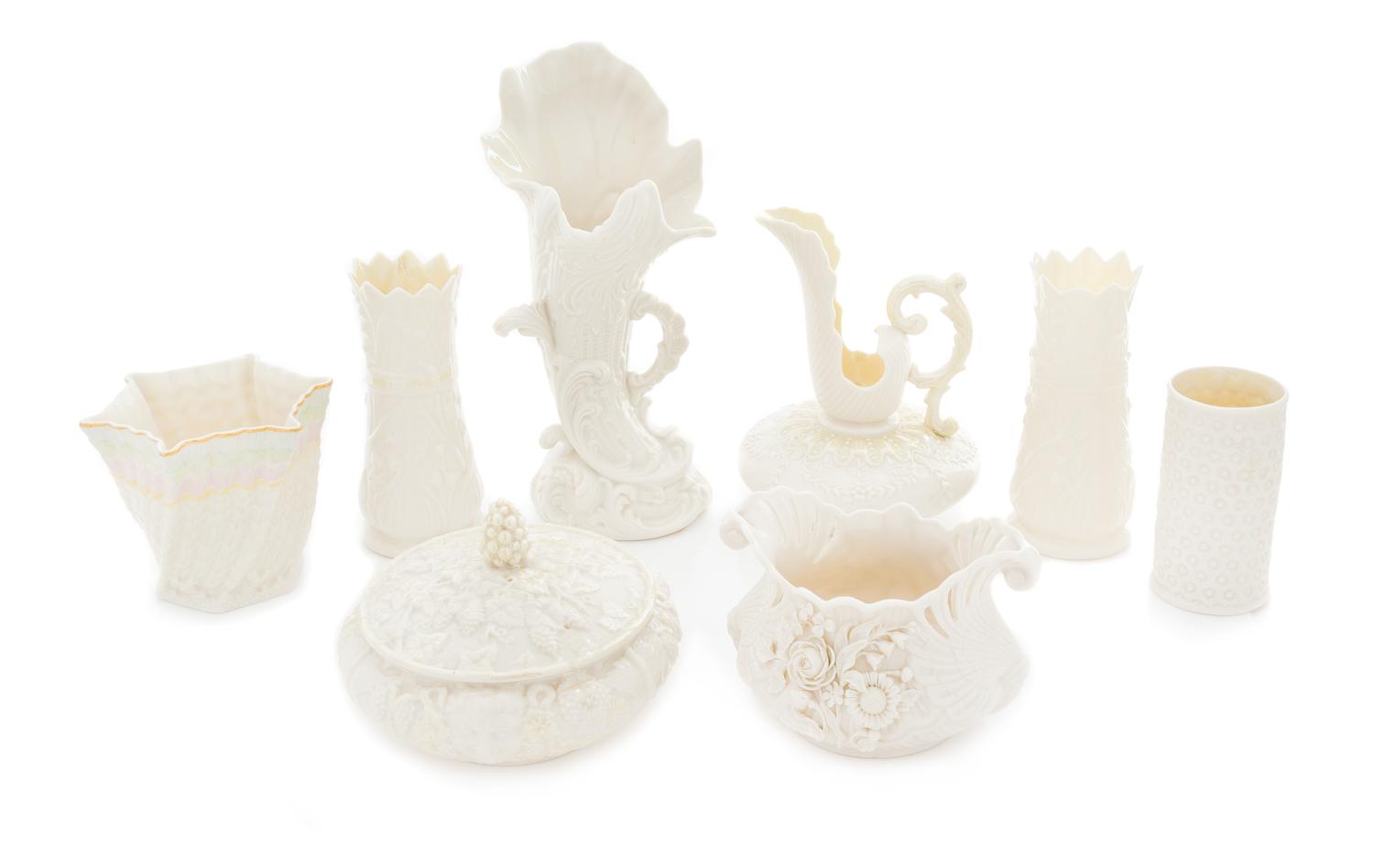 Eight Belleek Articles Height of tallest 11 inches. — FIRST BLACK MARK THROUGH THIRD BLACK MARK (1863-1946)