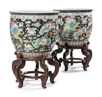 A Pair of Chinese Export Porcelain Jardinières with Wood Stands