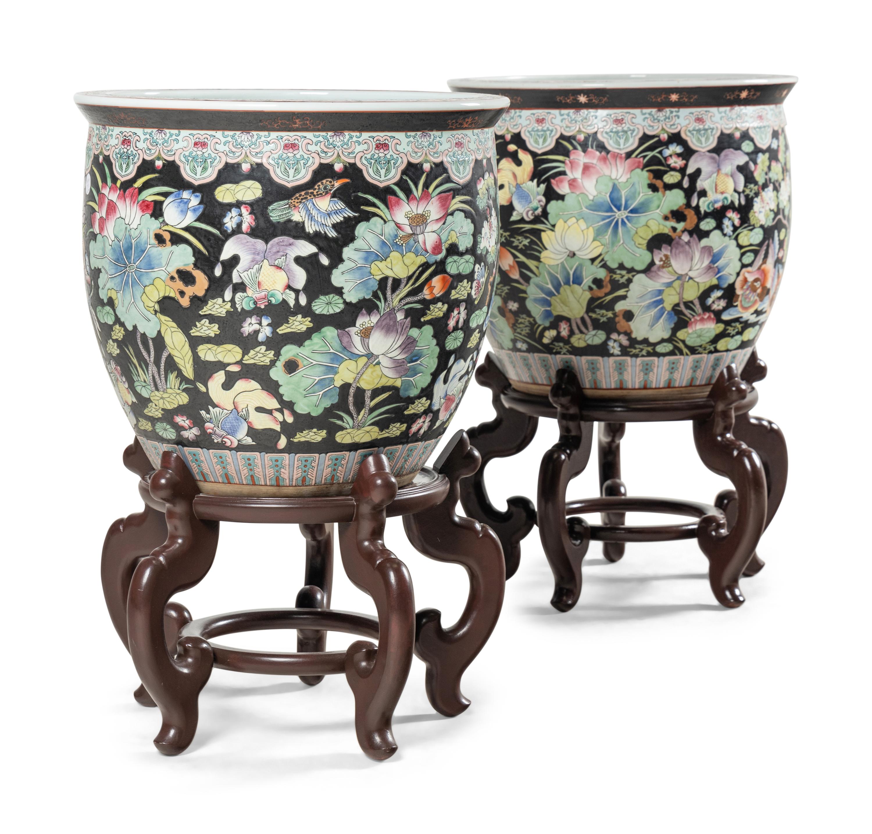 A Pair of Chinese Export Porcelain Jardinières with Wood Stands