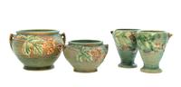 Four Roseville Bushberry Pottery Vases Height of pair 4 1/4 inches.