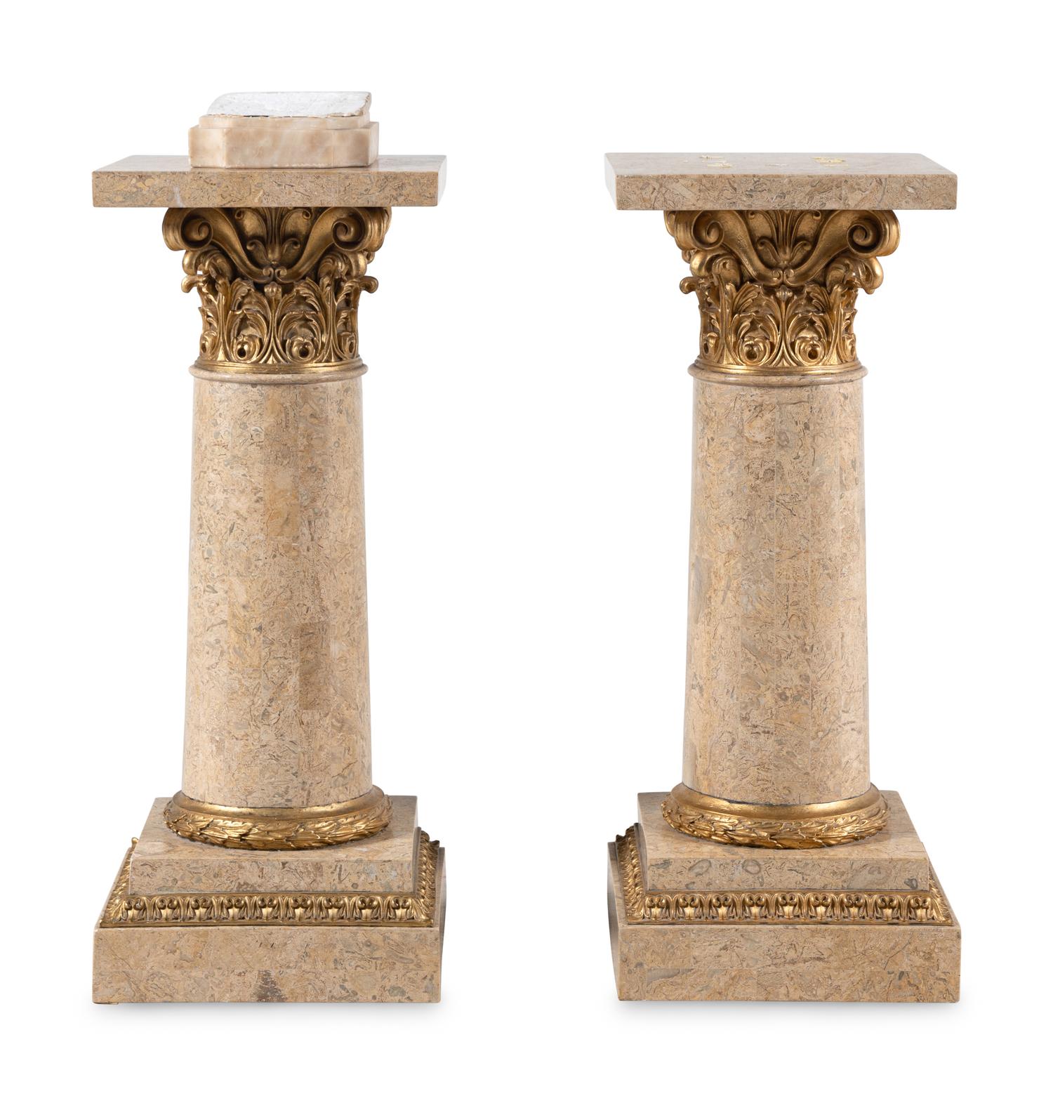 A Pair of Parcel Gilt Composition and Marble Veneered Pedestals