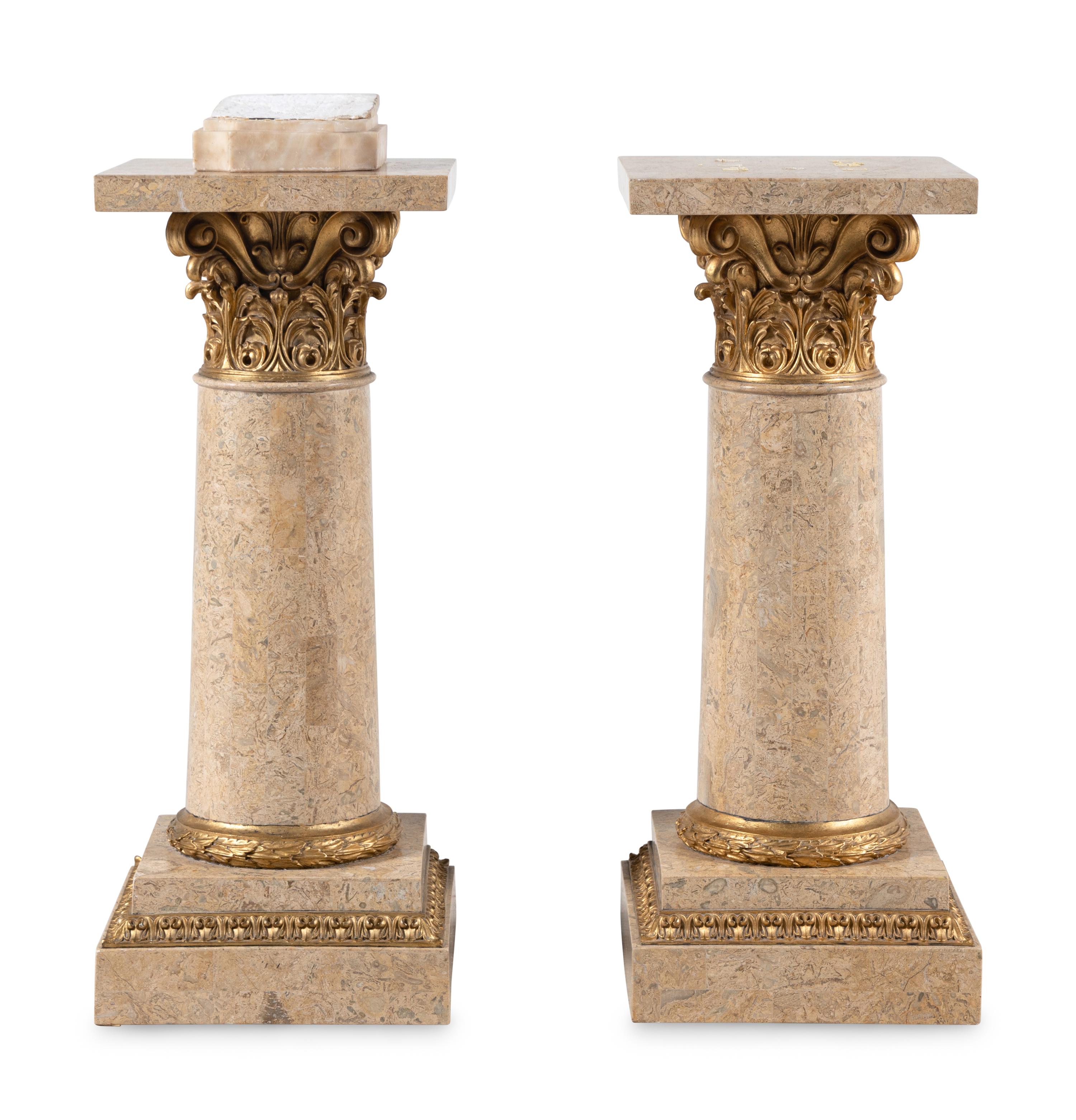 A Pair of Parcel Gilt Composition and Marble Veneered Pedestals