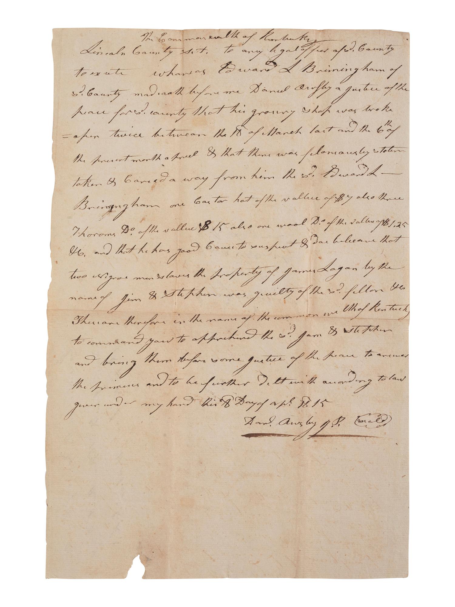 [ENSLAVEMENT & ABOLITION]. A collection of 4 documents related to the arrest and trial of enslaved men "Stephen" and "Jim," who were convicted of stealing. Lincoln County, KY. 1815.