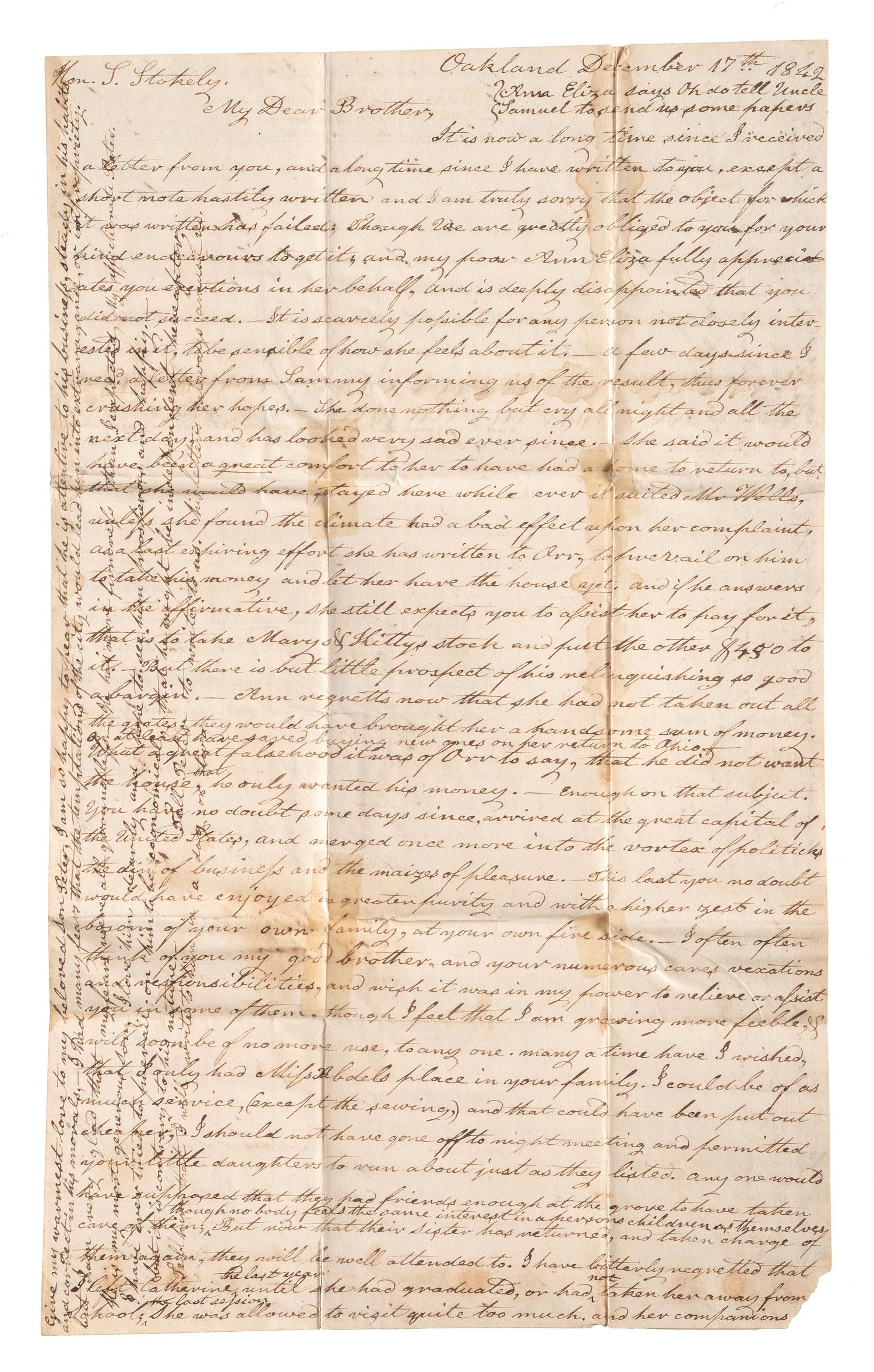 [OHIO] -- [STOKELY, Gen. Samuel (1796-1861)]. Personal correspondence and papers of Ohio politician, US Representative General Samuel Stokely.