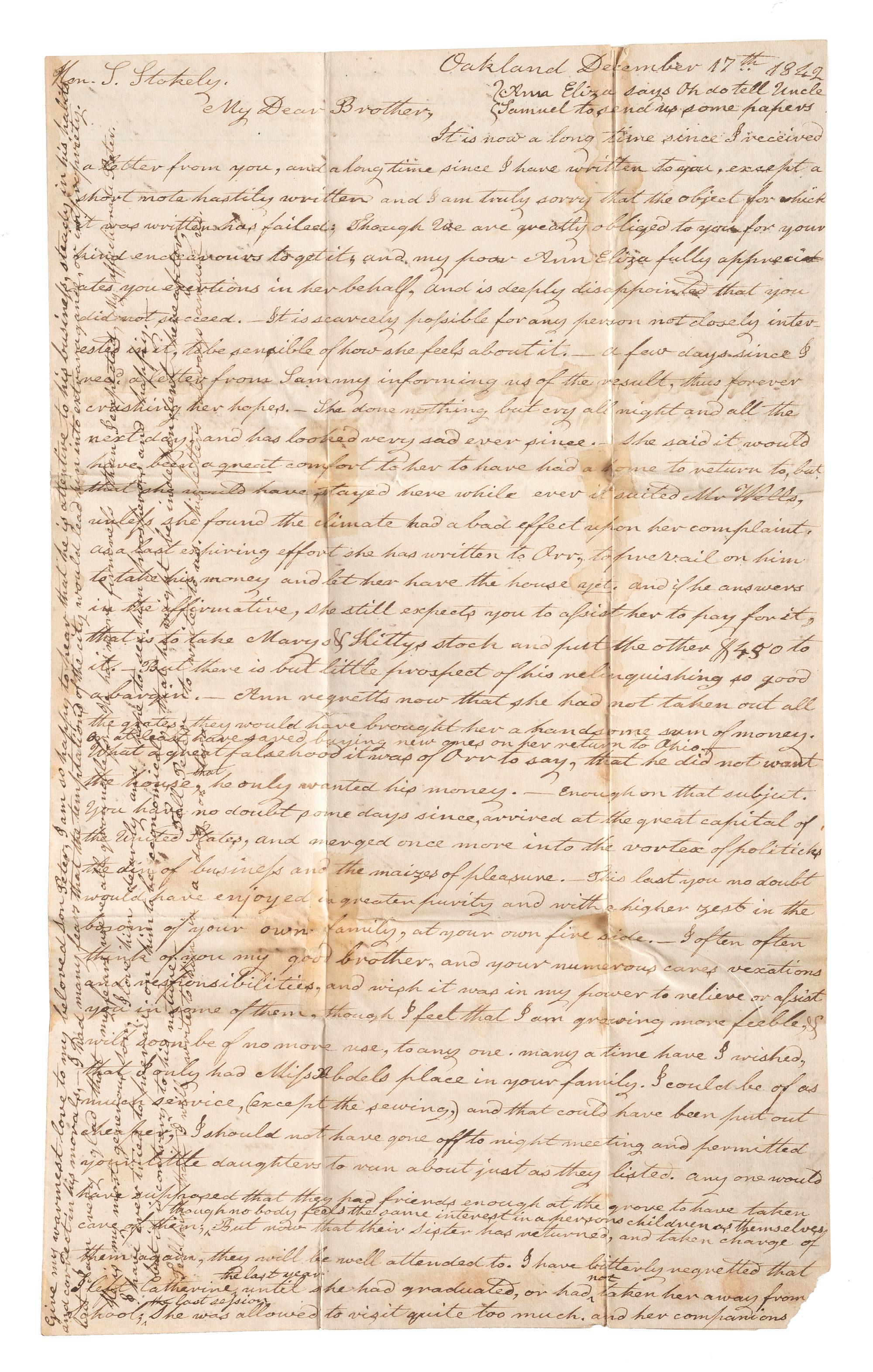 [OHIO] -- [STOKELY, Gen. Samuel (1796-1861)]. Personal correspondence and papers of Ohio politician, US Representative General Samuel Stokely.
