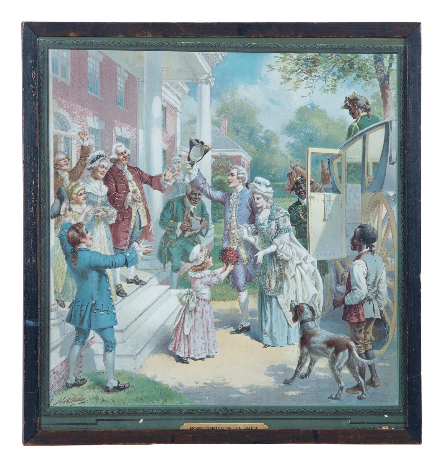 [AFRICAN AMERICANA]. OGDEN, H.A., artist. Colonial advertising scene. Home Coming of the Bride . New York: American Lithographic Co., ca 1906.