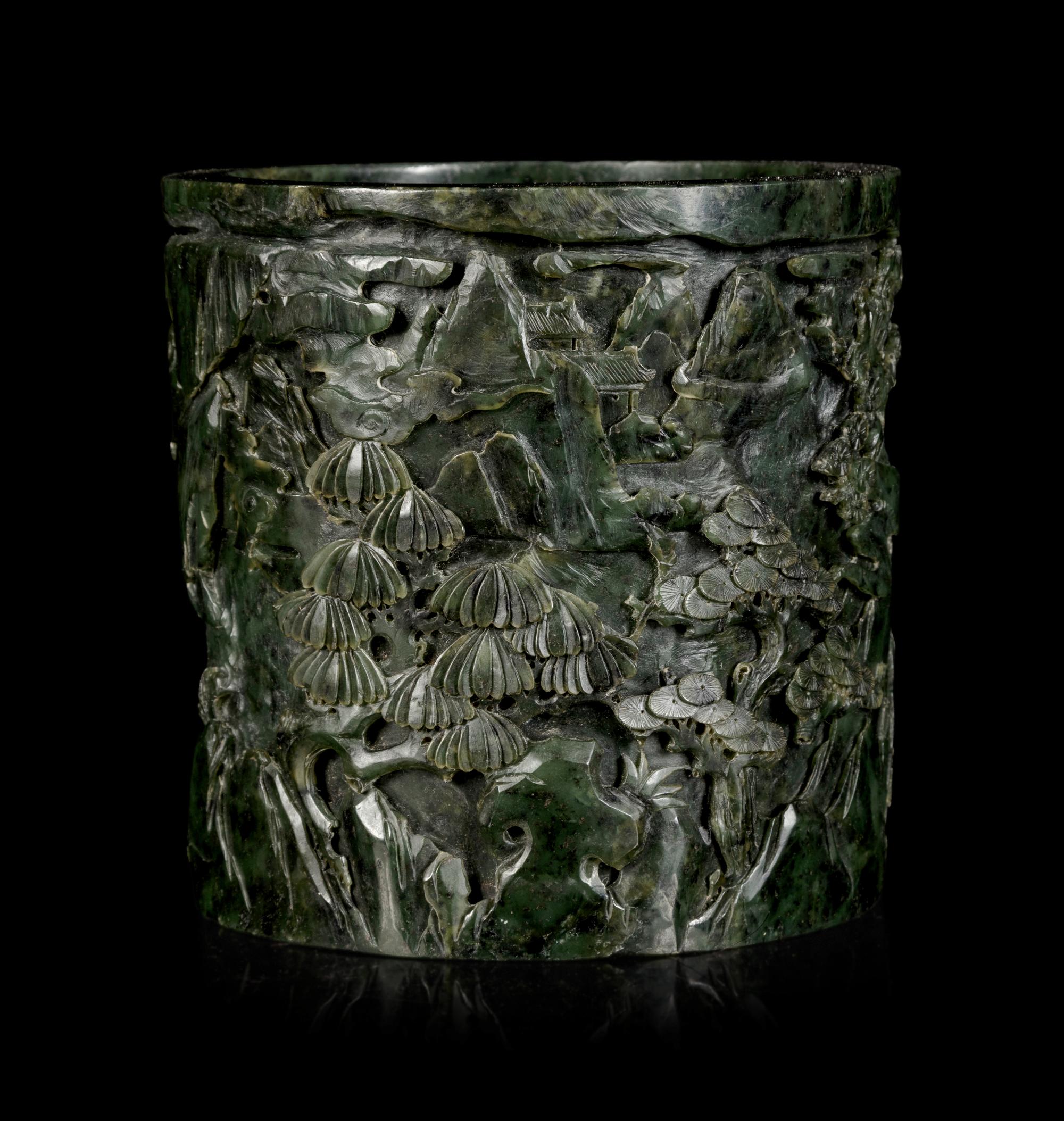 A Chinese Spinach Jade Brushpot, Bitong