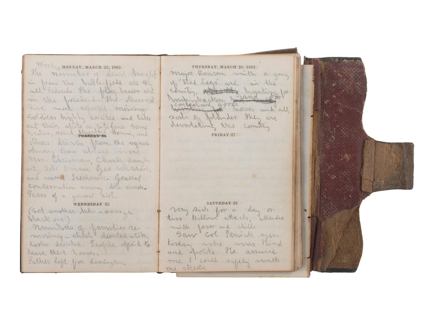 [CIVIL WAR] -- [QUANTRILL'S RAIDERS]. Diary of H.M. McCarty, editor of the Border Star at Westport, Missouri, with entries referencing 1863 clashes between Union soldiers and southern sympathizers, guerilla activity, and Quantrill's Raiders.