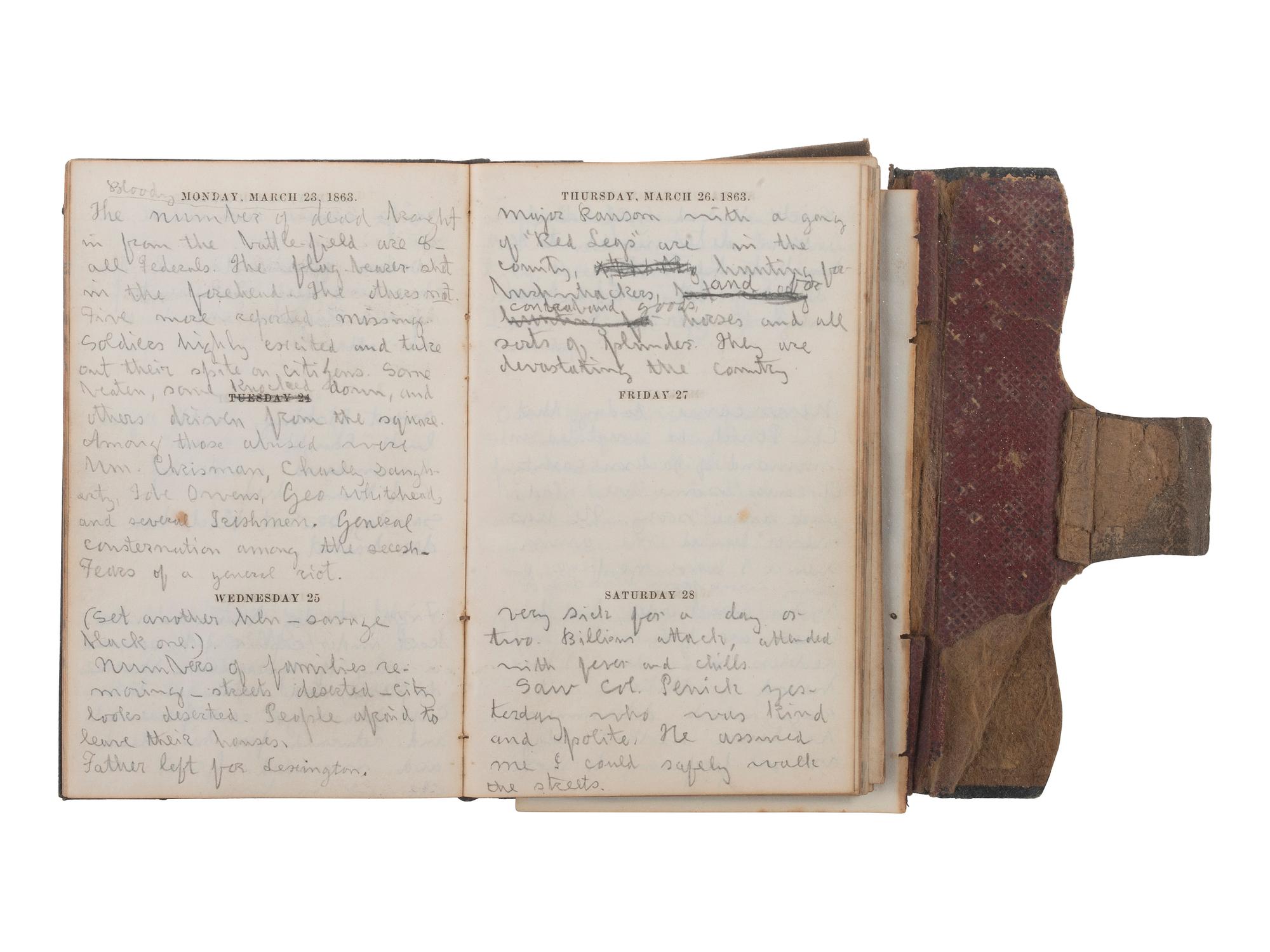 [CIVIL WAR] -- [QUANTRILL'S RAIDERS]. Diary of H.M. McCarty, editor of the Border Star at Westport, Missouri, with entries referencing 1863 clashes between Union soldiers and southern sympathizers, guerilla activity, and Quantrill's Raiders.