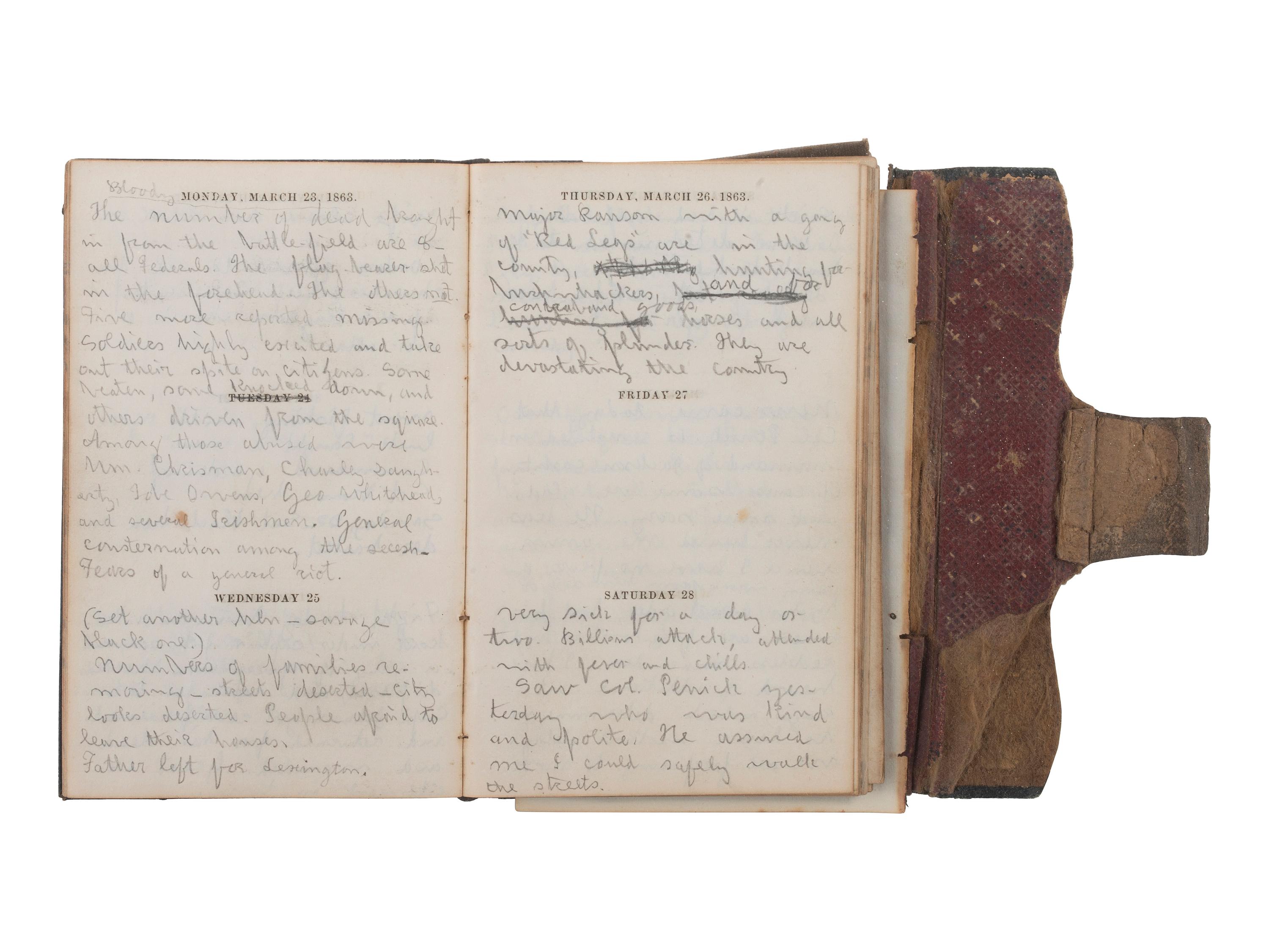 [CIVIL WAR] -- [QUANTRILL'S RAIDERS]. Diary of H.M. McCarty, editor of the Border Star at Westport, Missouri, with entries referencing 1863 clashes between Union soldiers and southern sympathizers, guerilla activity, and Quantrill's Raiders.