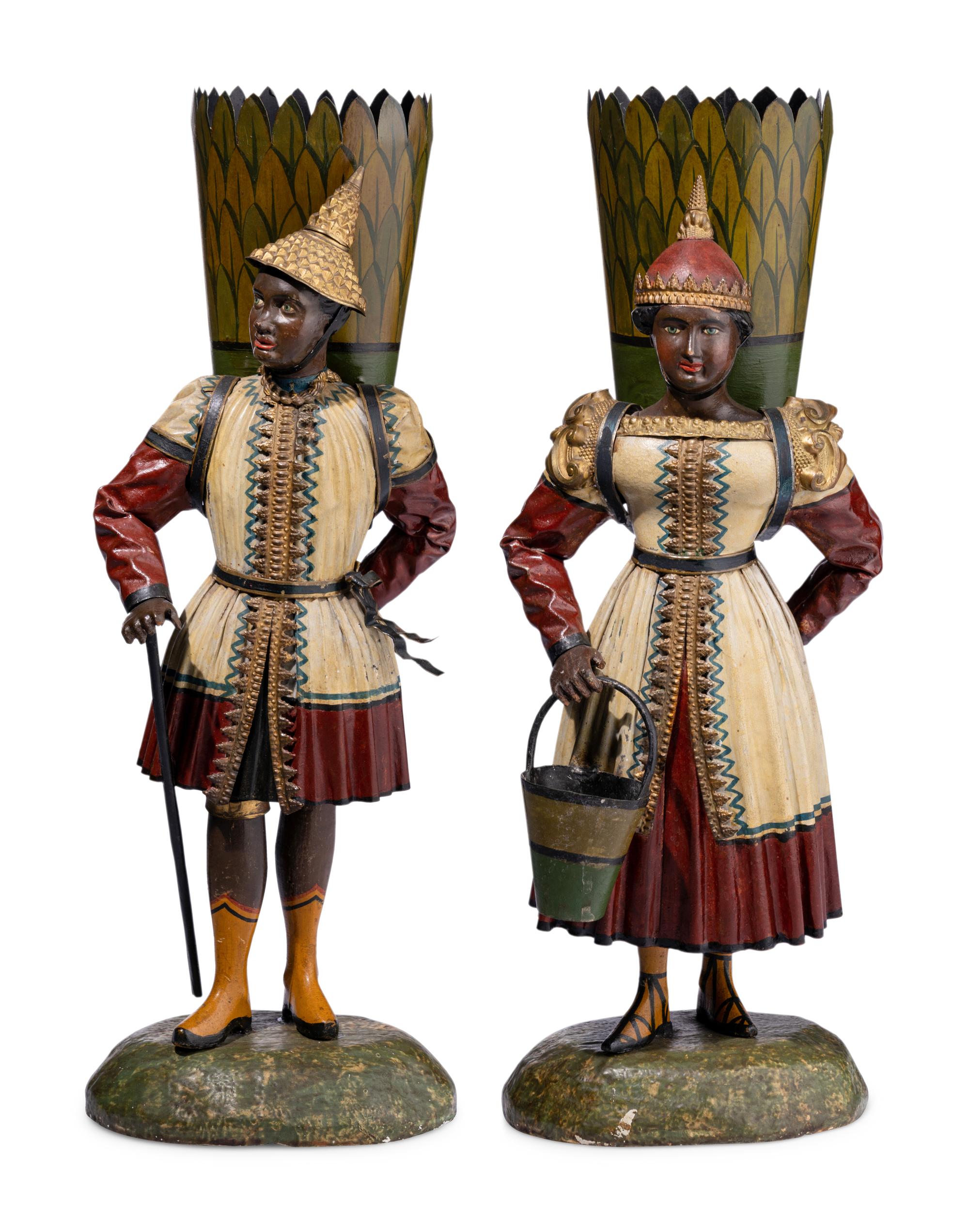 A Pair of French Tôle Peinte Figural Vases
