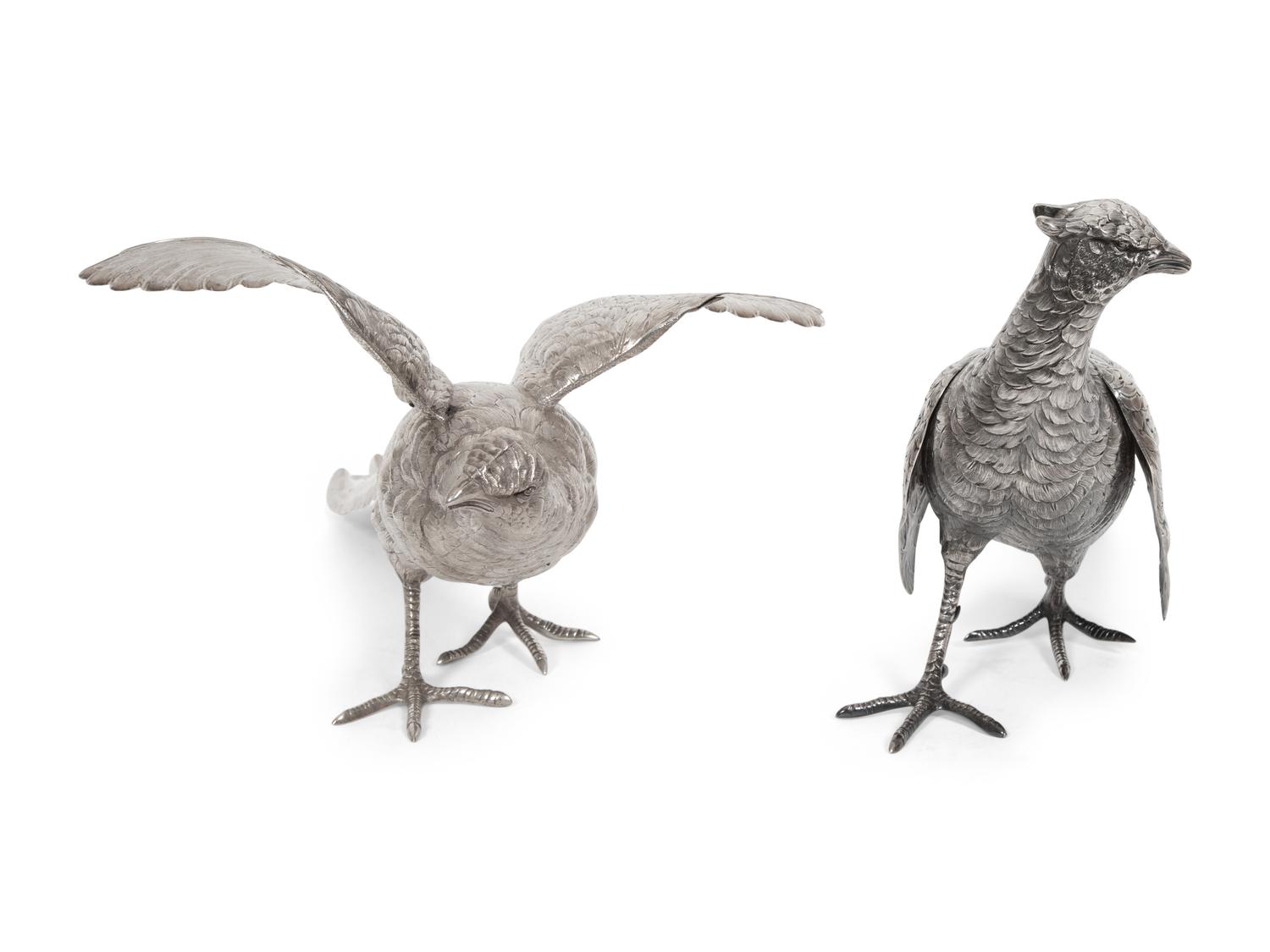 A Pair of Continental Silver Pheasant Table Ornaments