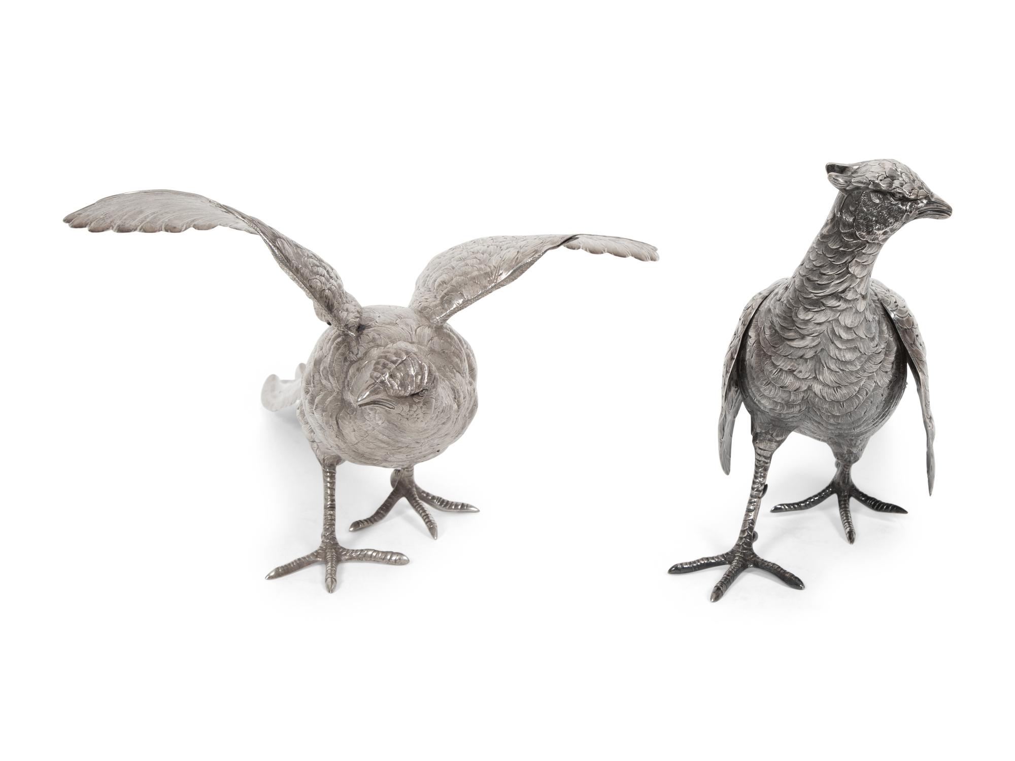 A Pair of Continental Silver Pheasant Table Ornaments